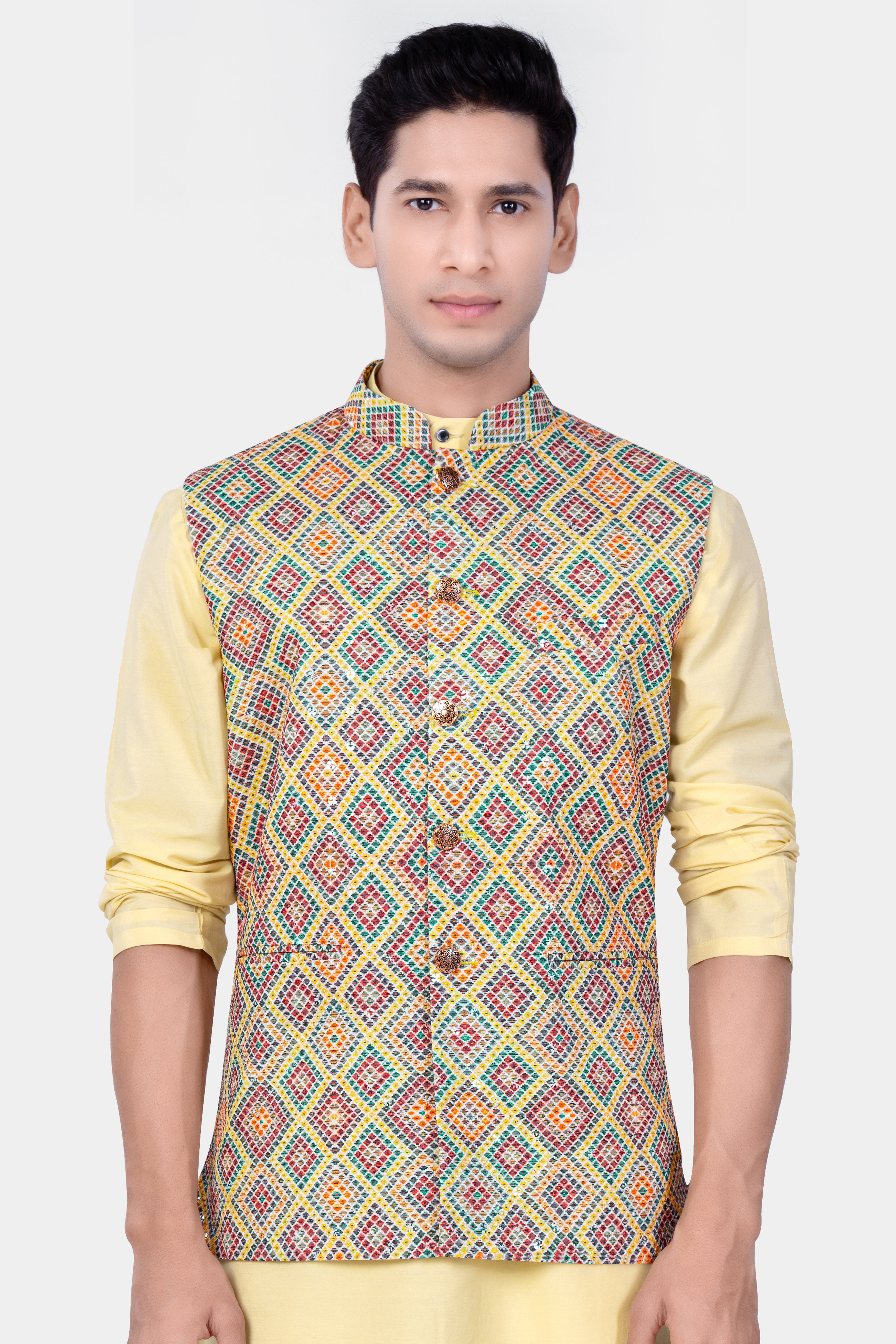 Jasmine yellow And Lochinvar Green Trellis Designer Embroidered Nehru Jacket