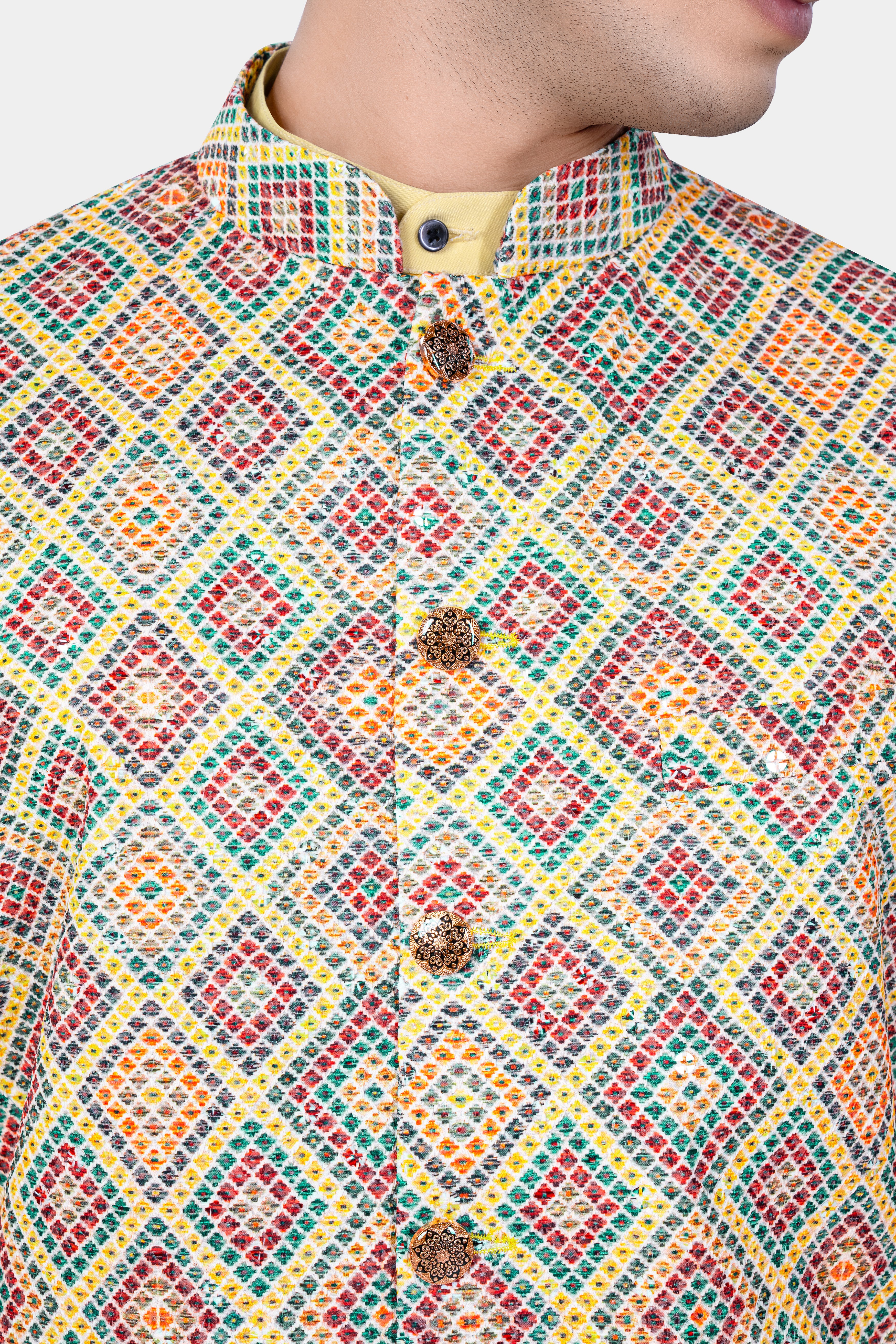 Jasmine yellow And Lochinvar Green Trellis Designer Embroidered Nehru Jacket