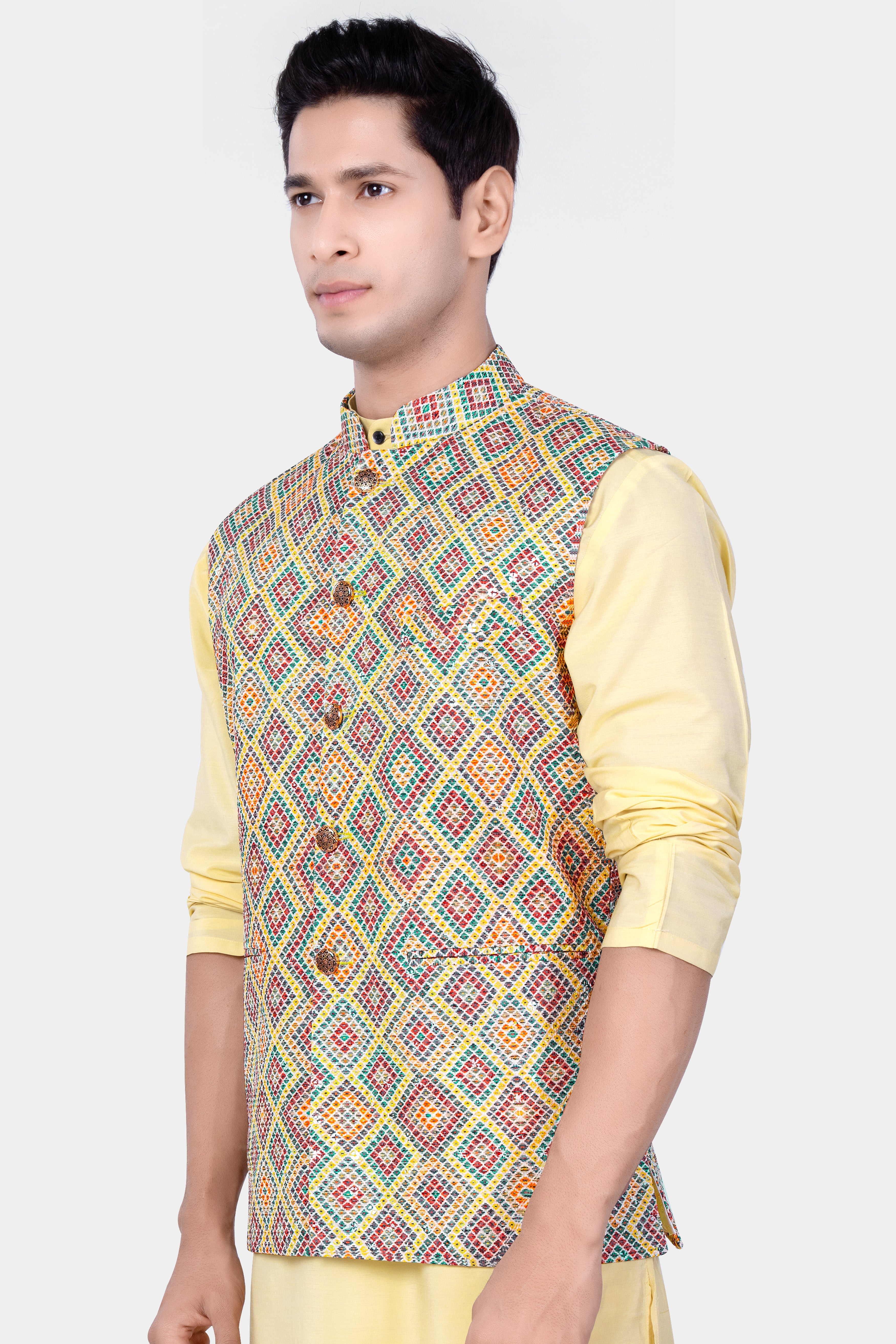 Jasmine yellow And Lochinvar Green Trellis Designer Embroidered Nehru Jacket