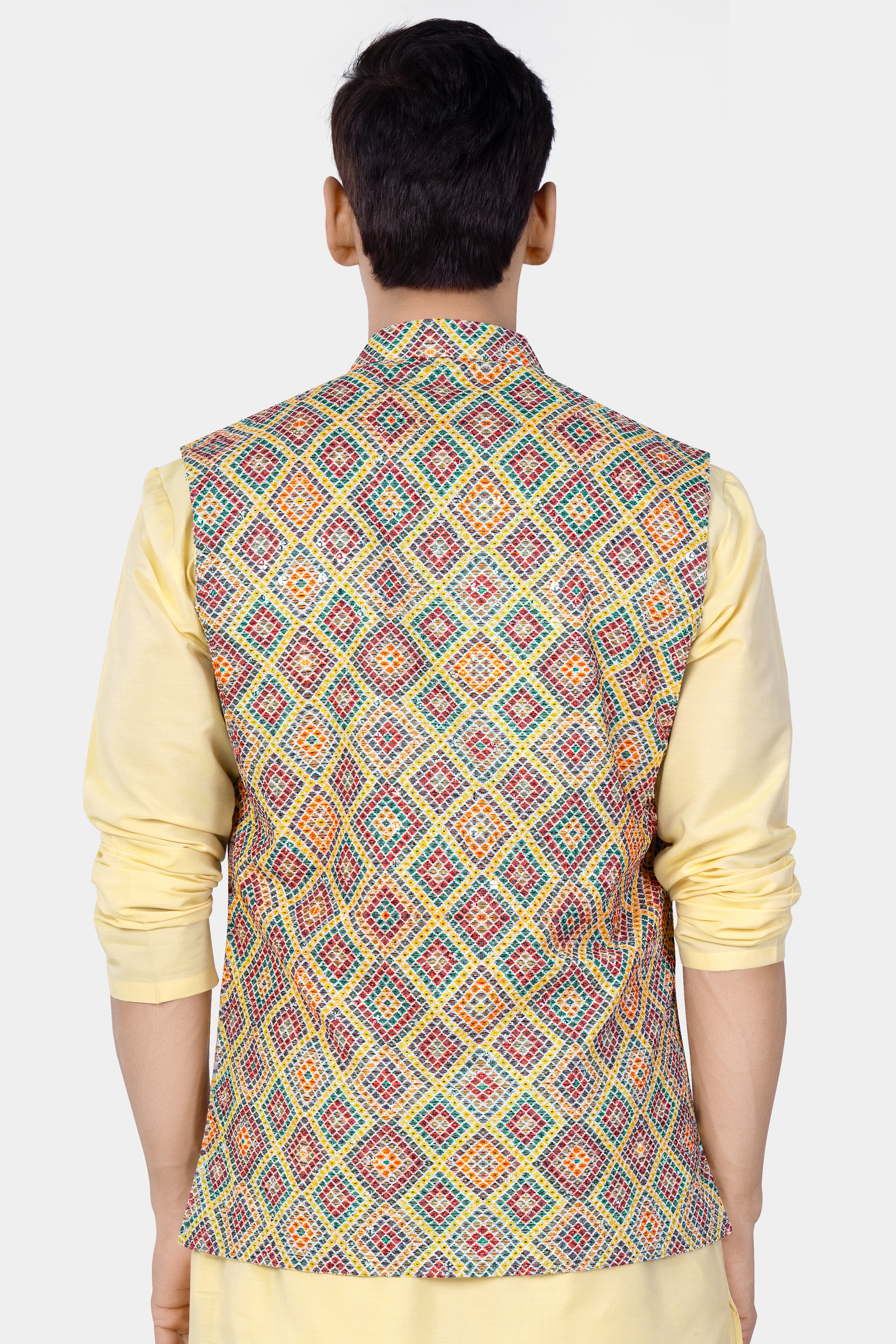 Jasmine yellow And Lochinvar Green Trellis Designer Embroidered Nehru Jacket