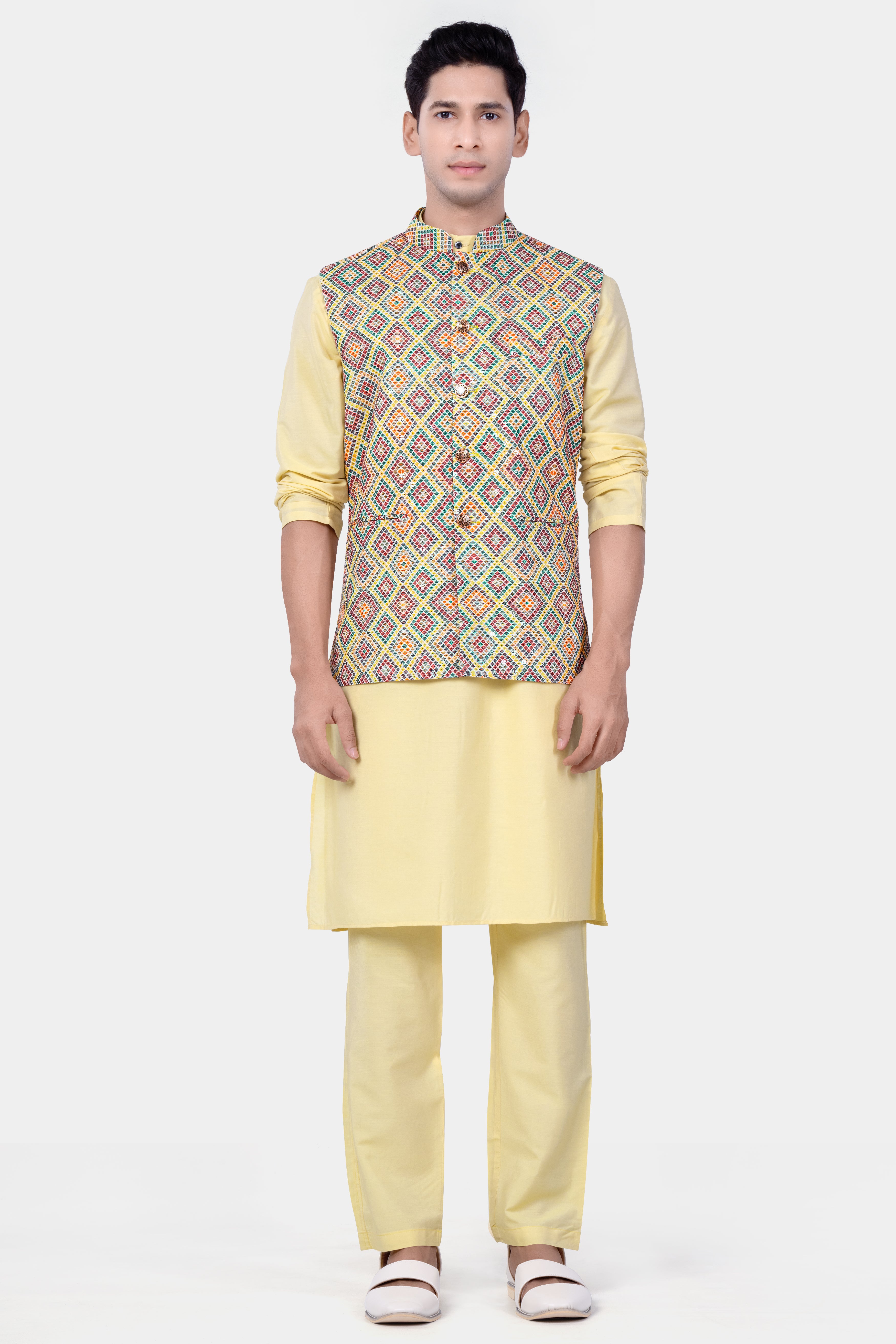 Jasmine yellow And Lochinvar Green Trellis Designer Embroidered Nehru Jacket