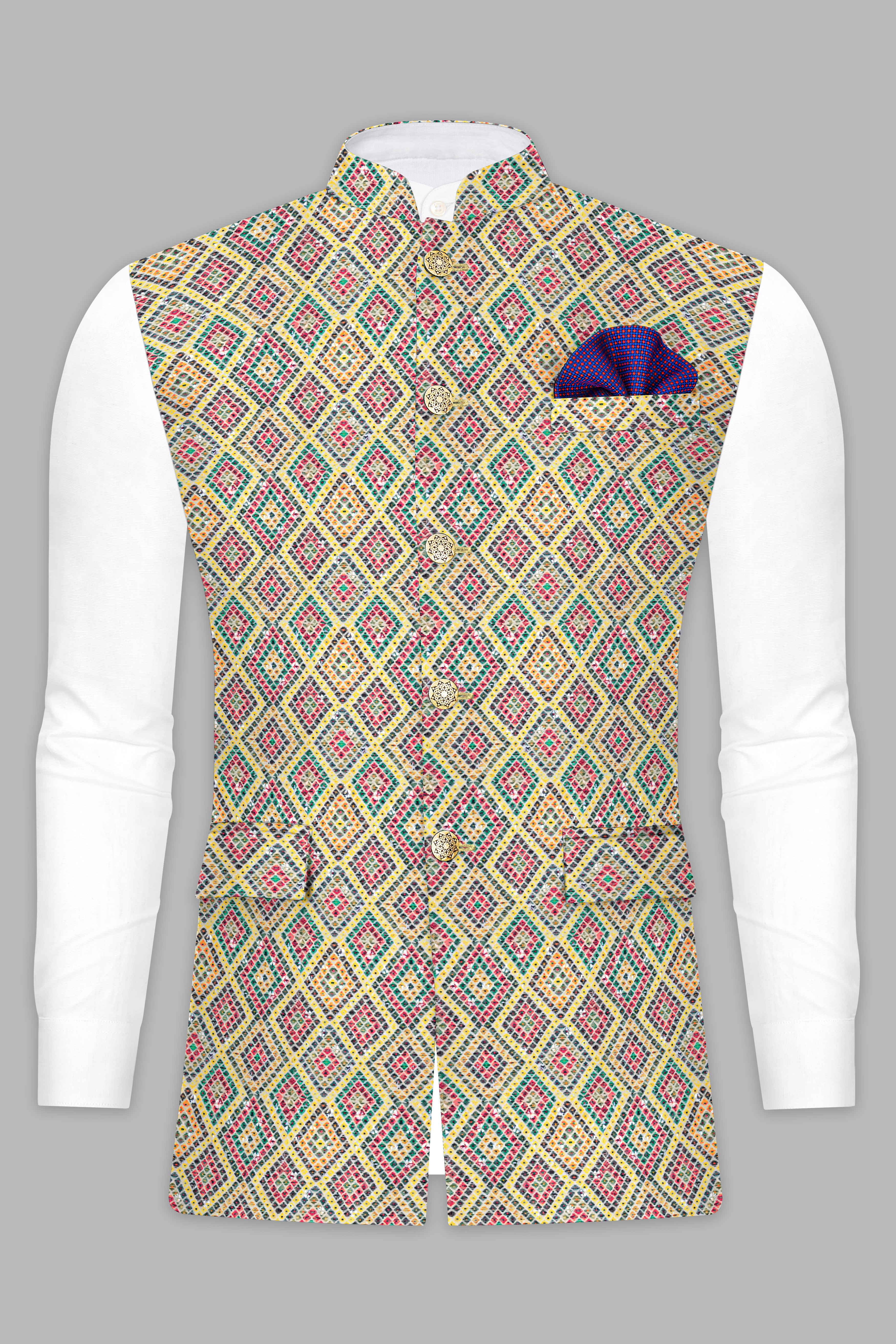 Jasmine yellow And Lochinvar Green Trellis Designer Embroidered Nehru Jacket