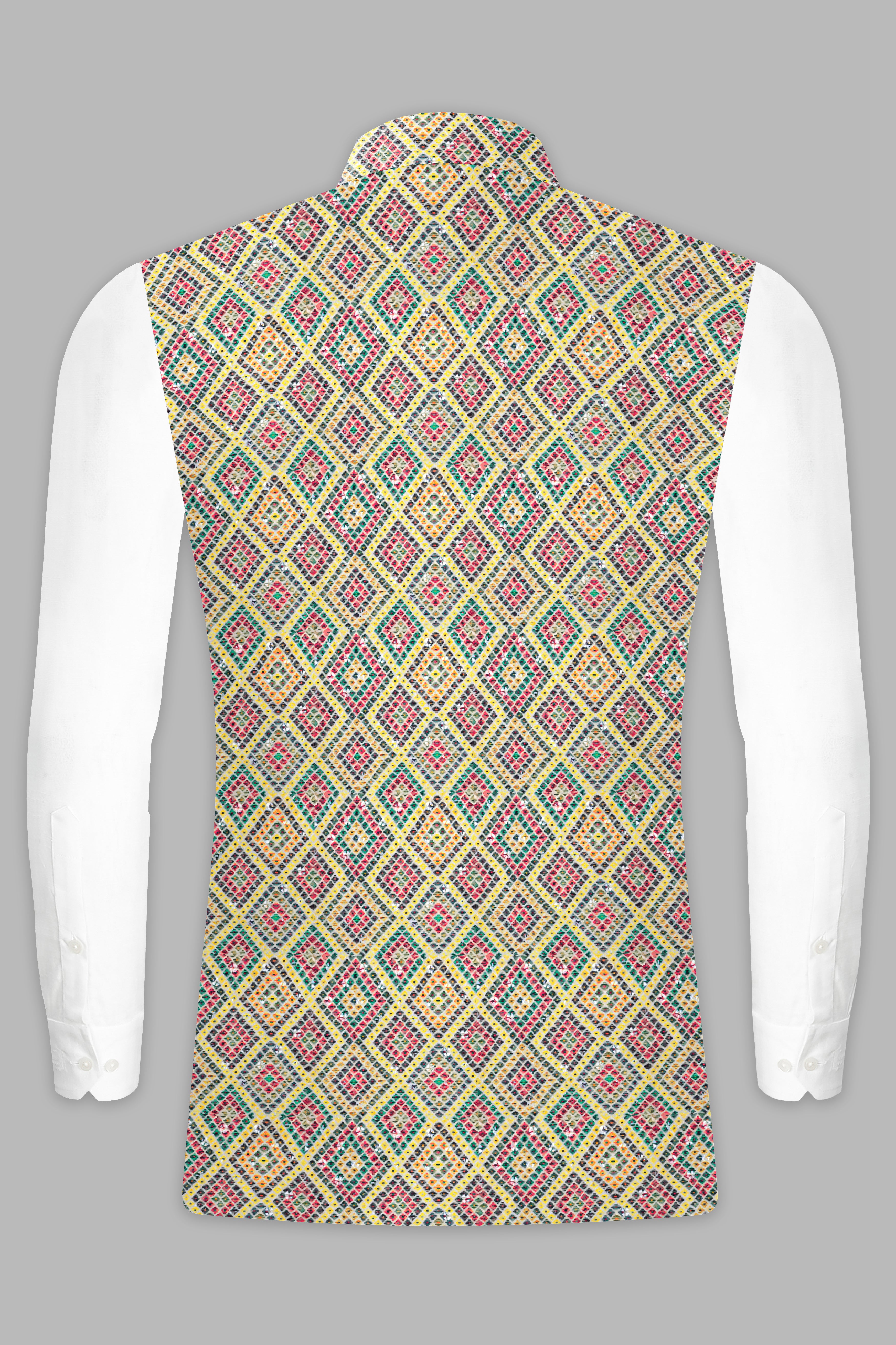 Jasmine yellow And Lochinvar Green Trellis Designer Embroidered Nehru Jacket