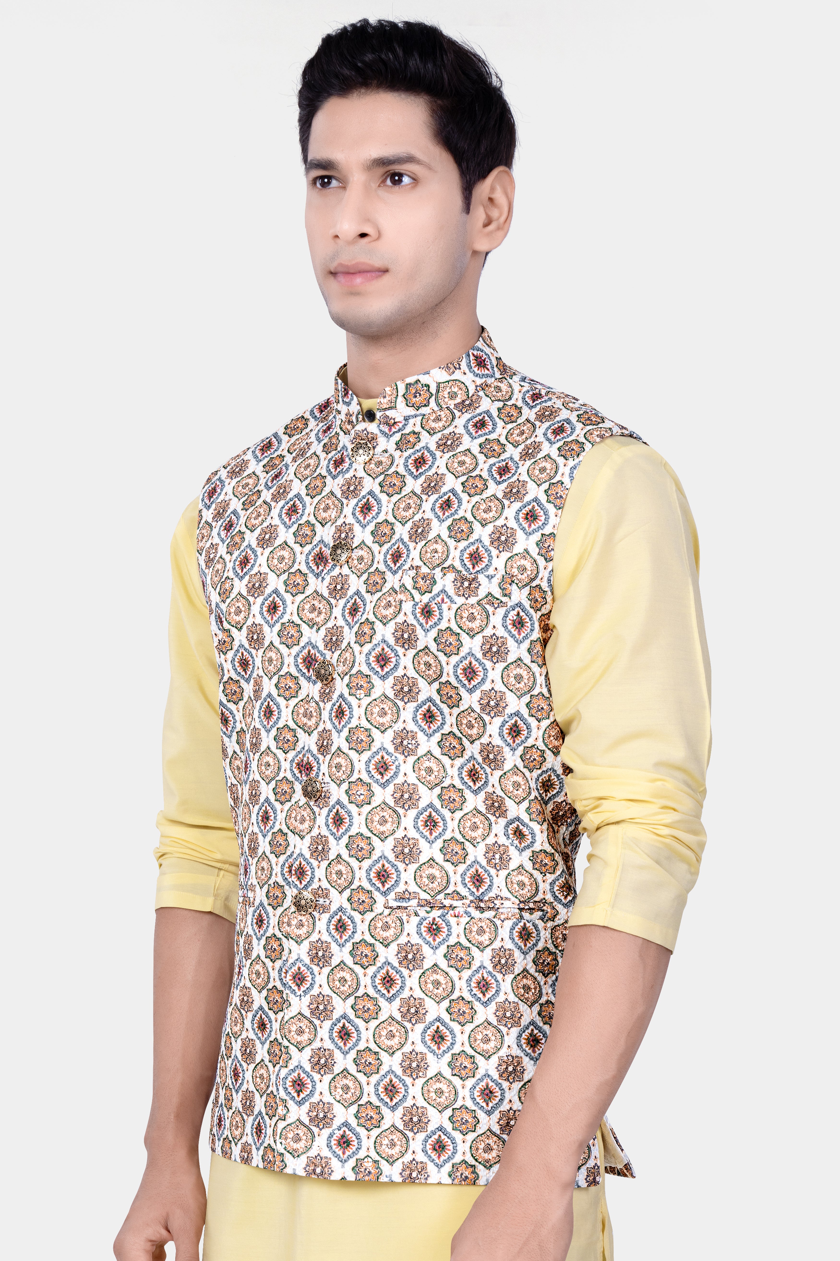Bright White And Spruce Green Designer Embroidered Nehru Jacket