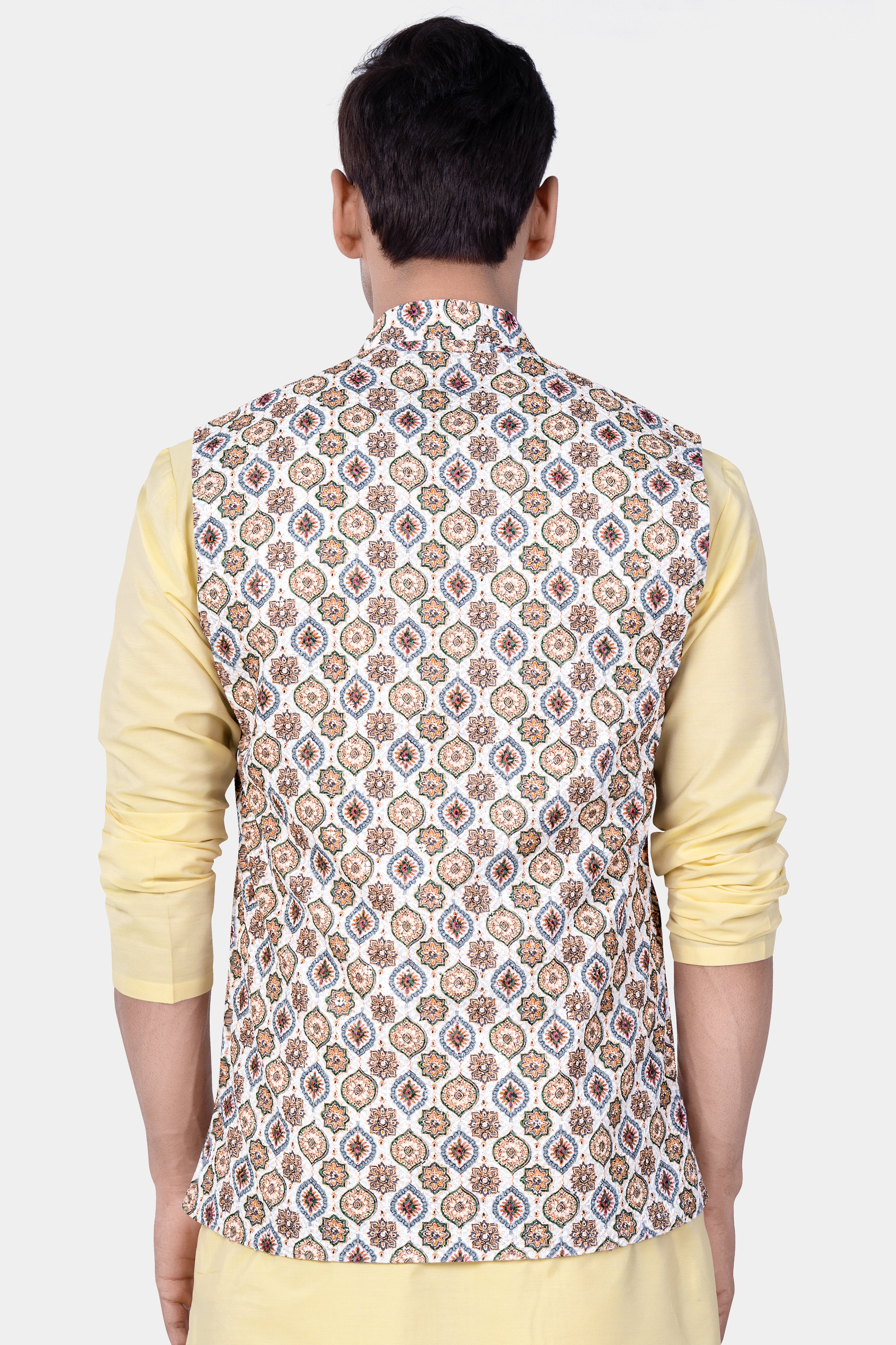 Bright White And Spruce Green Designer Embroidered Nehru Jacket