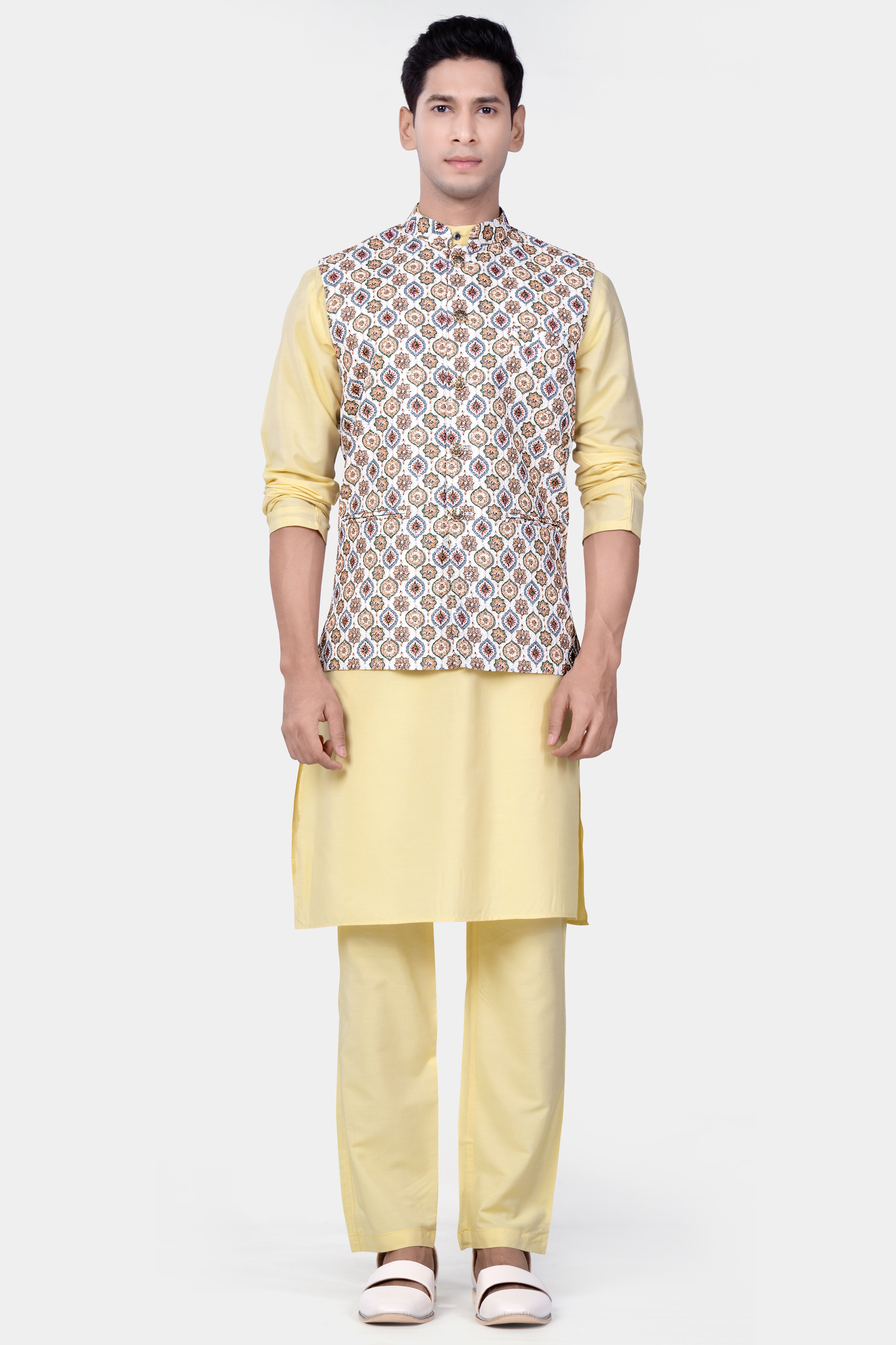 Bright White And Spruce Green Designer Embroidered Nehru Jacket
