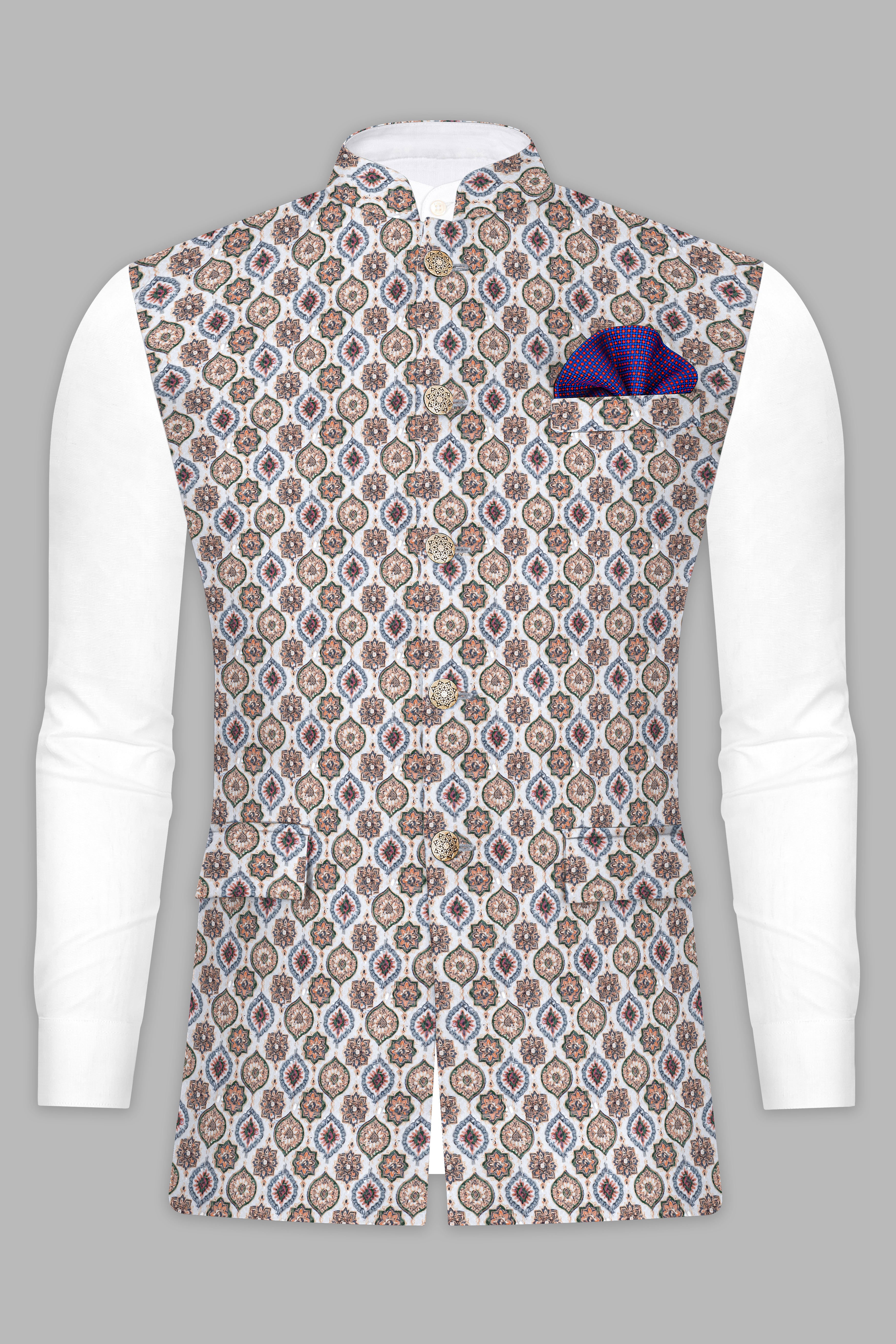 Bright White And Spruce Green Designer Embroidered Nehru Jacket
