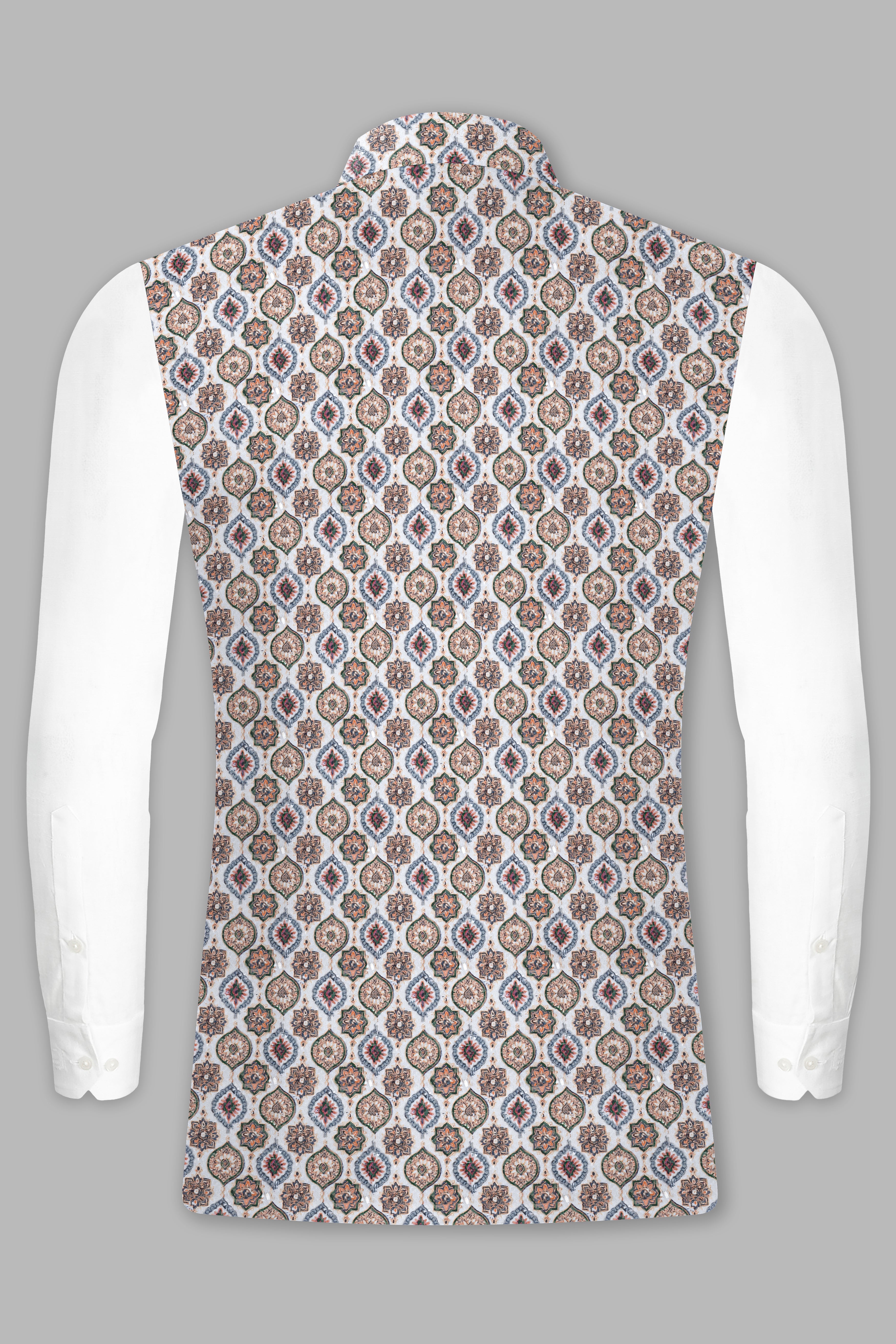 Bright White And Spruce Green Designer Embroidered Nehru Jacket