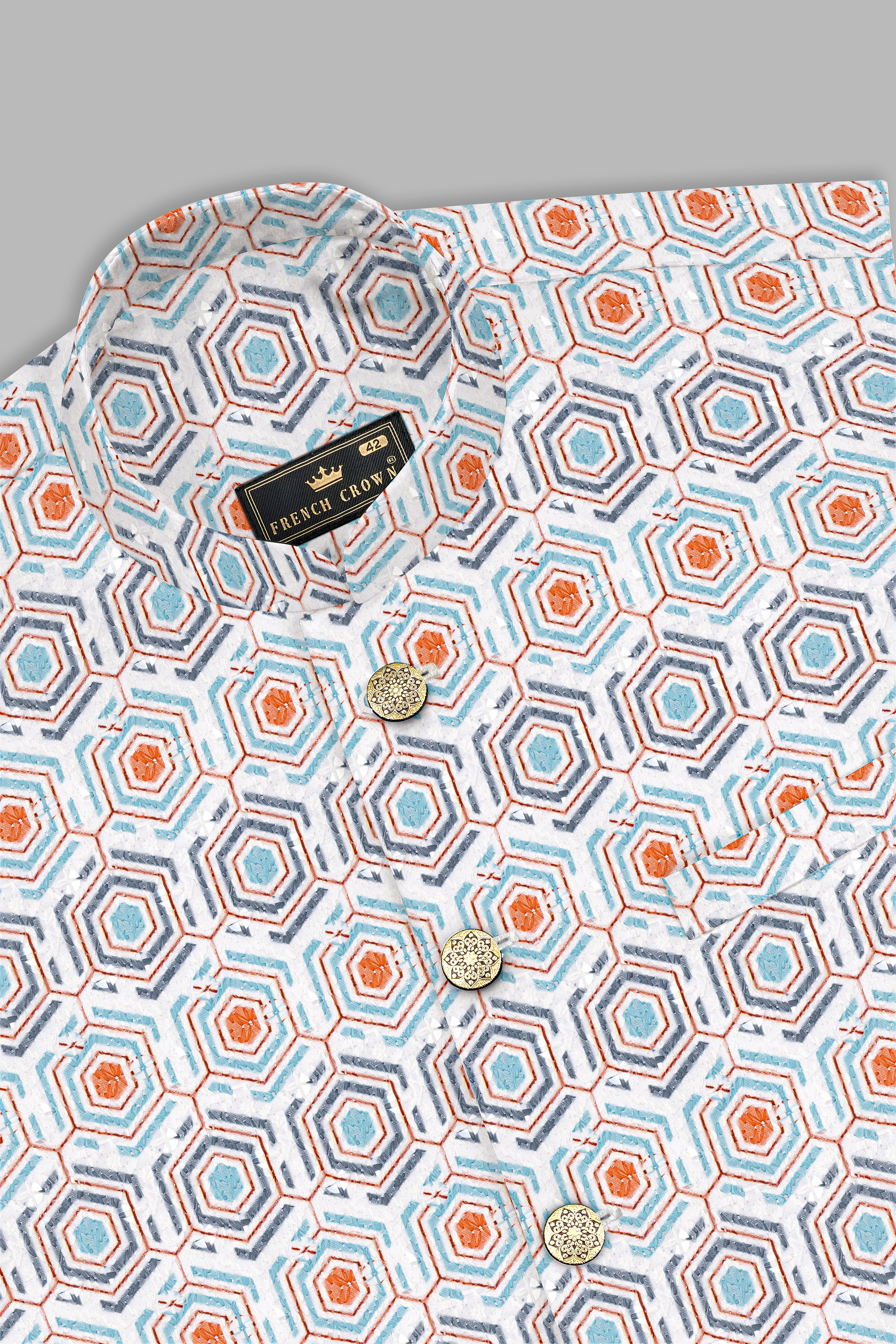 Bright White And Turquoise Blue Designer Embroidered Nehru Jacket