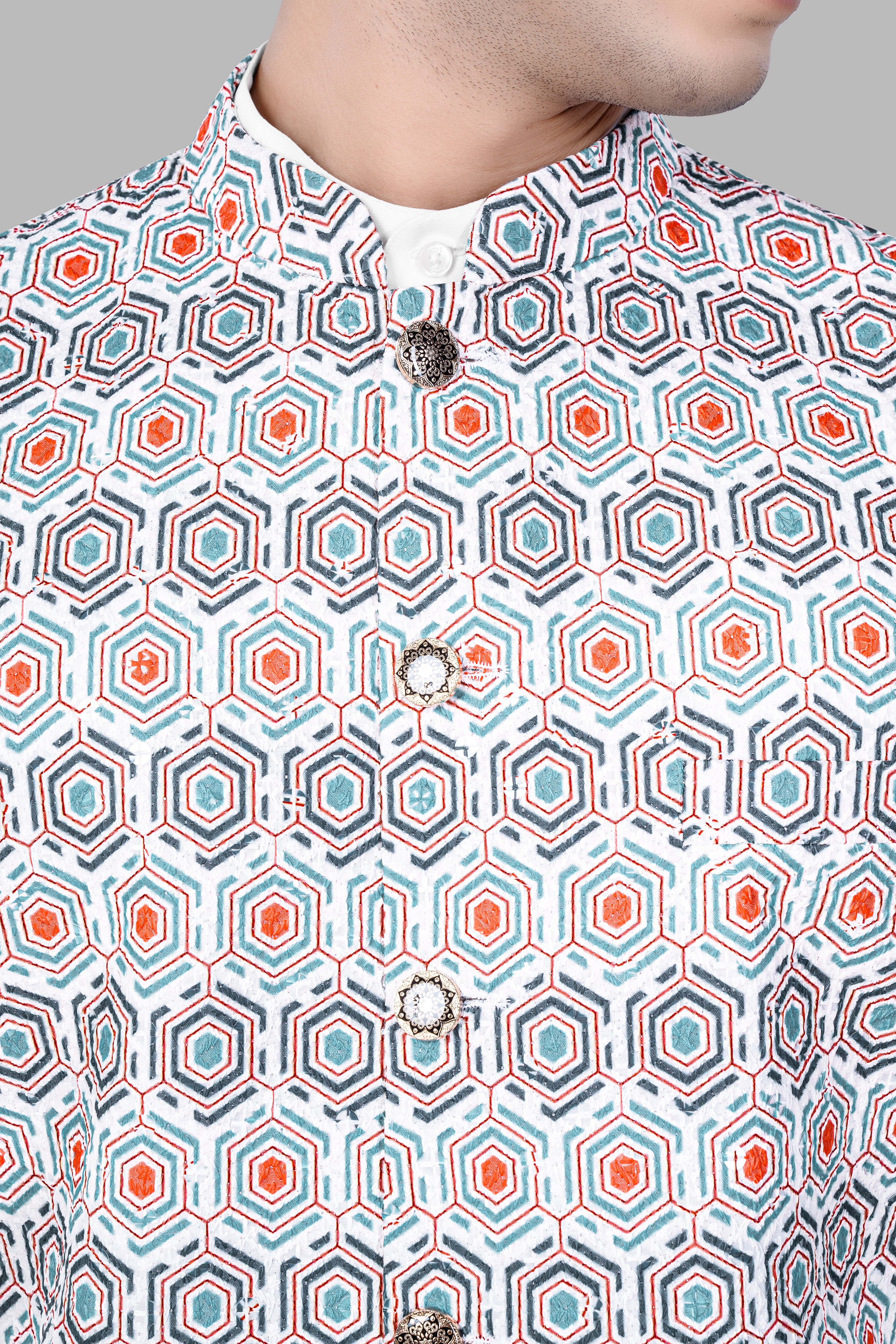 Bright White And Turquoise Blue Designer Embroidered Nehru Jacket