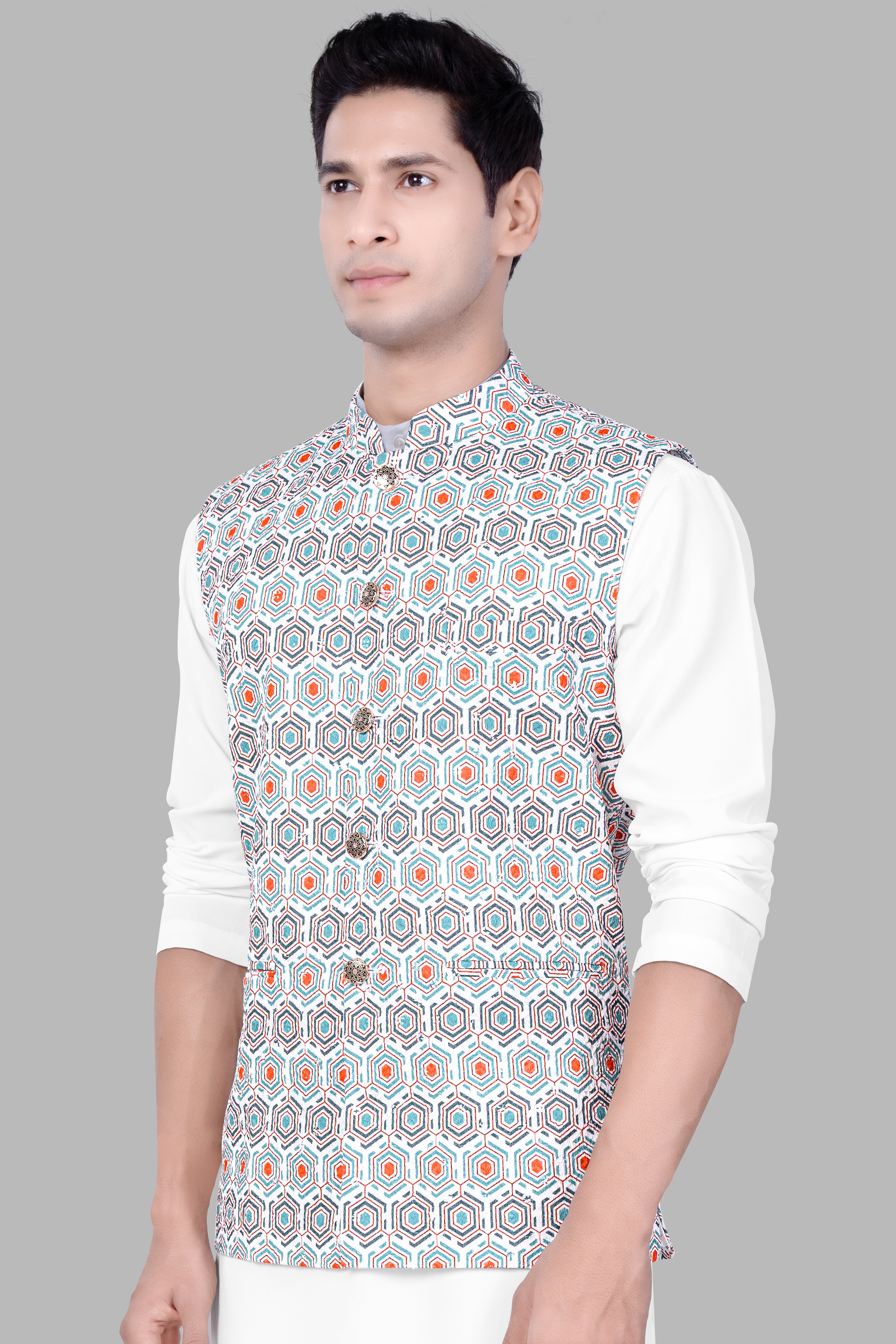 Bright White And Turquoise Blue Designer Embroidered Nehru Jacket