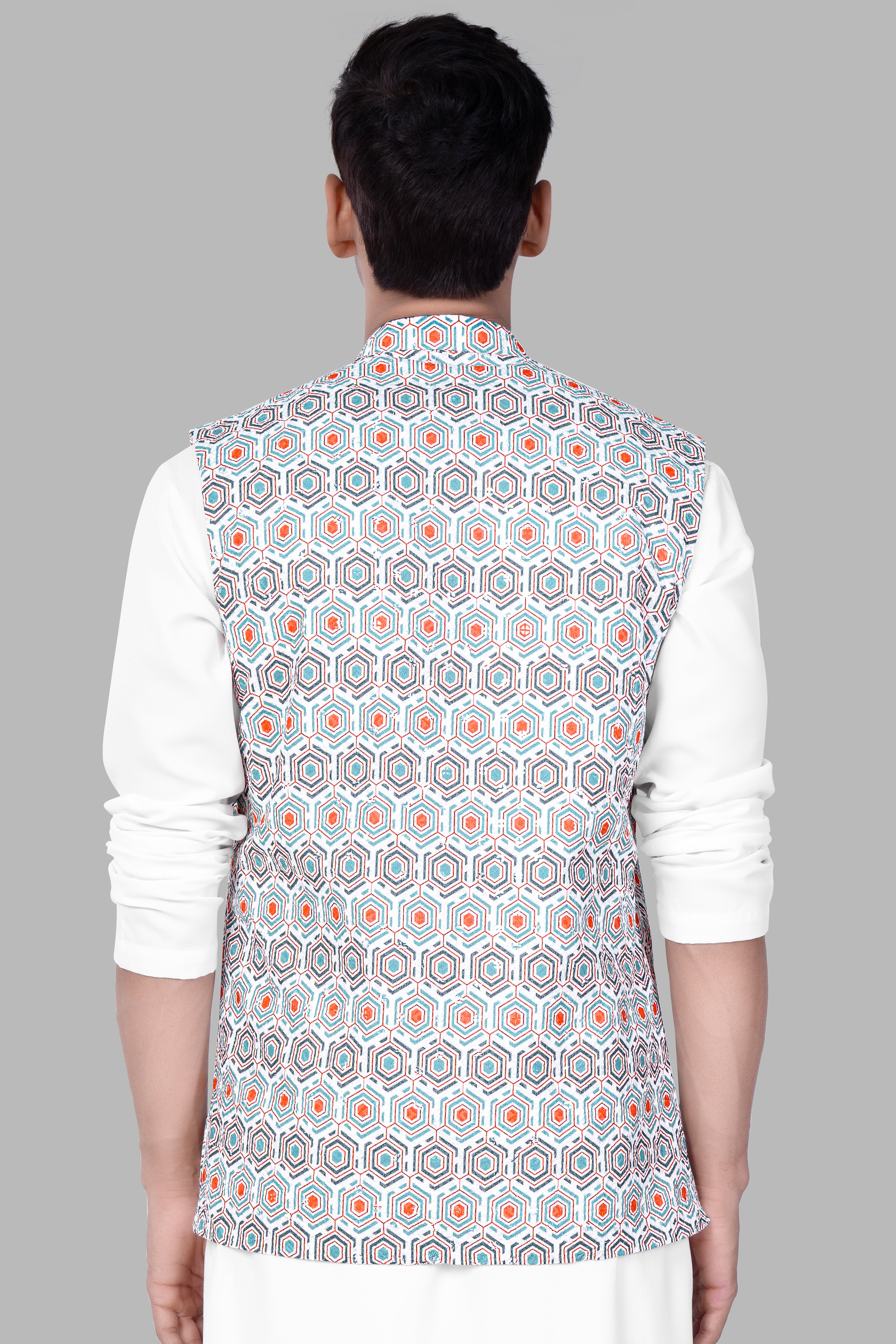 Bright White And Turquoise Blue Designer Embroidered Nehru Jacket