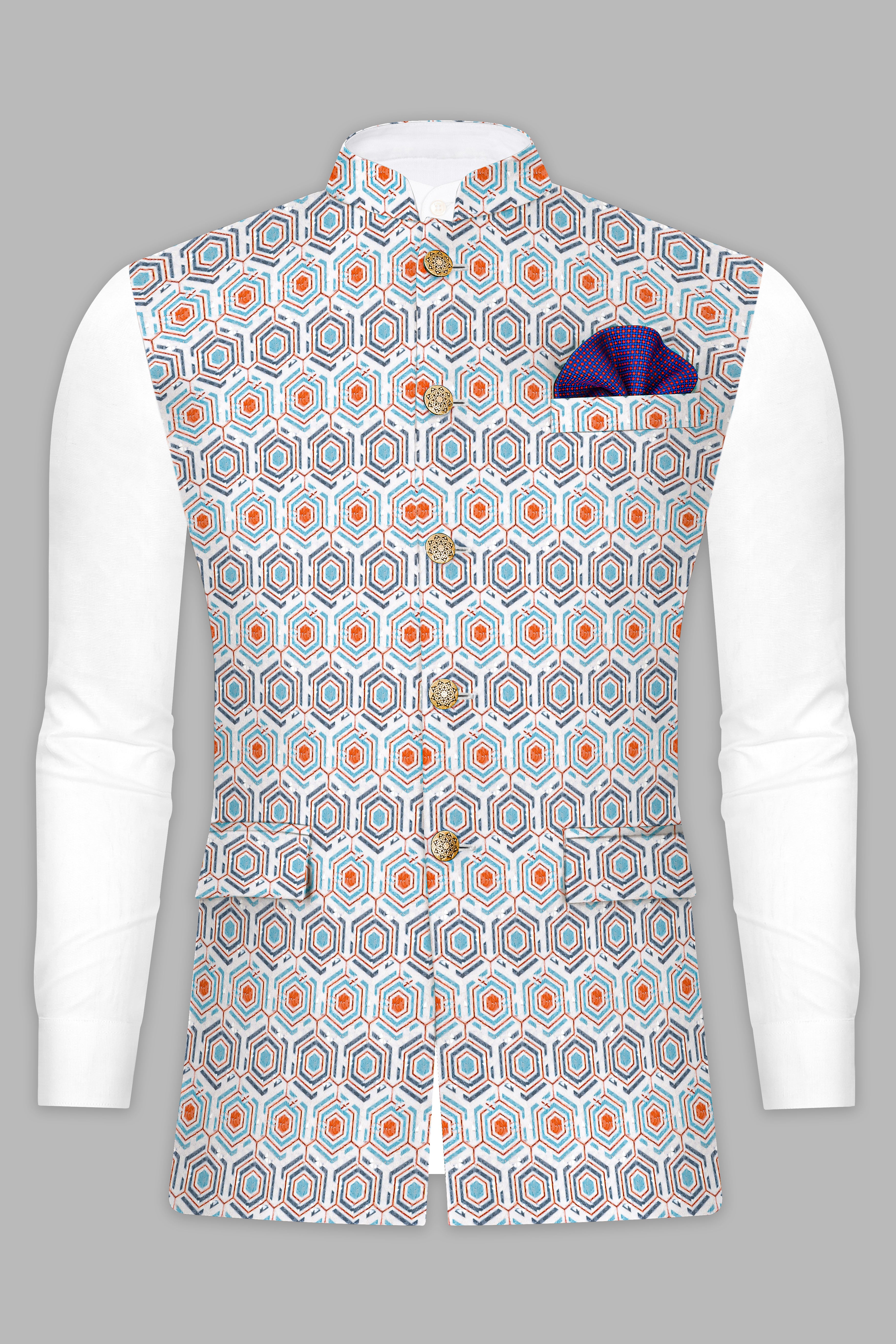 Bright White And Turquoise Blue Designer Embroidered Nehru Jacket