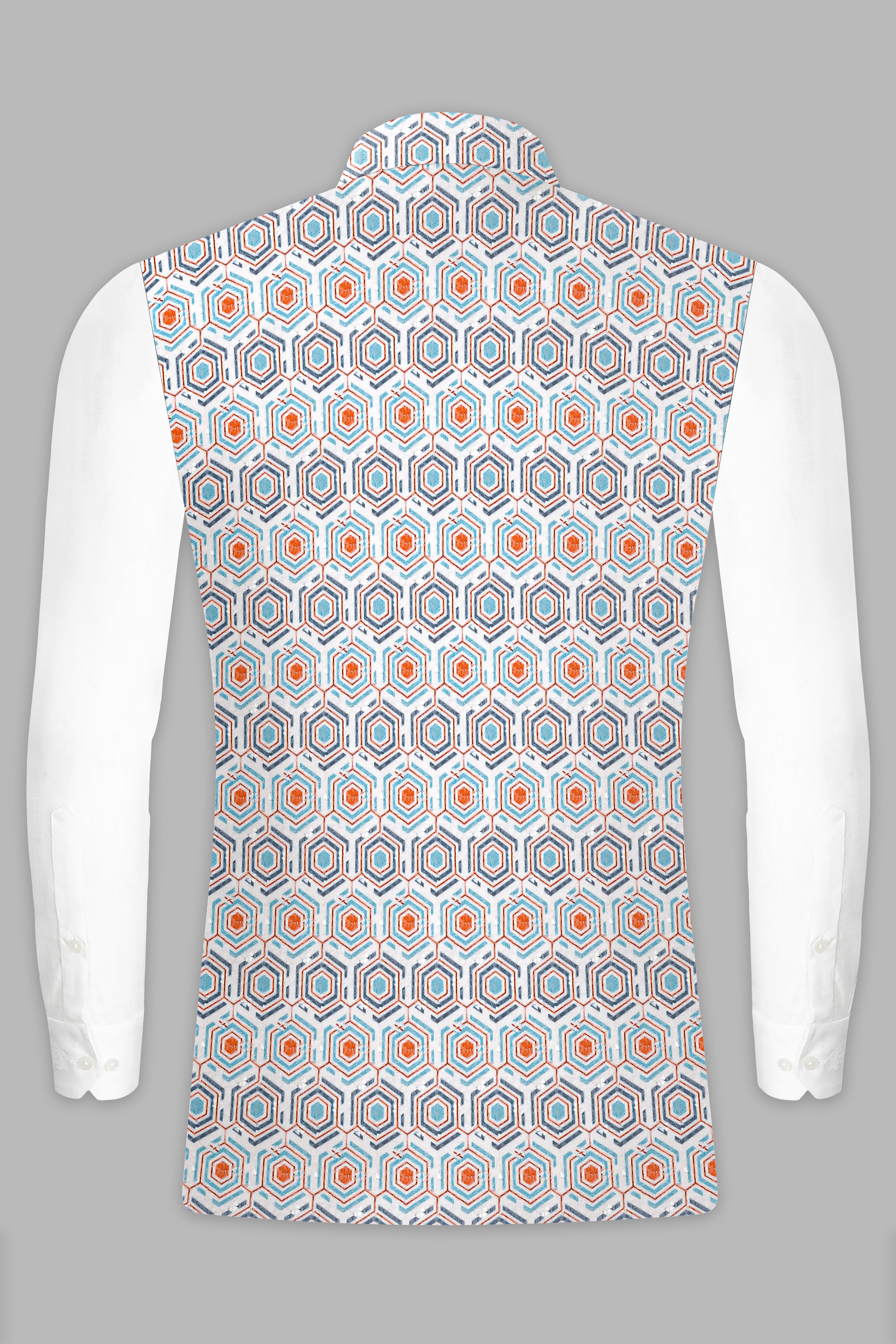 Bright White And Turquoise Blue Designer Embroidered Nehru Jacket