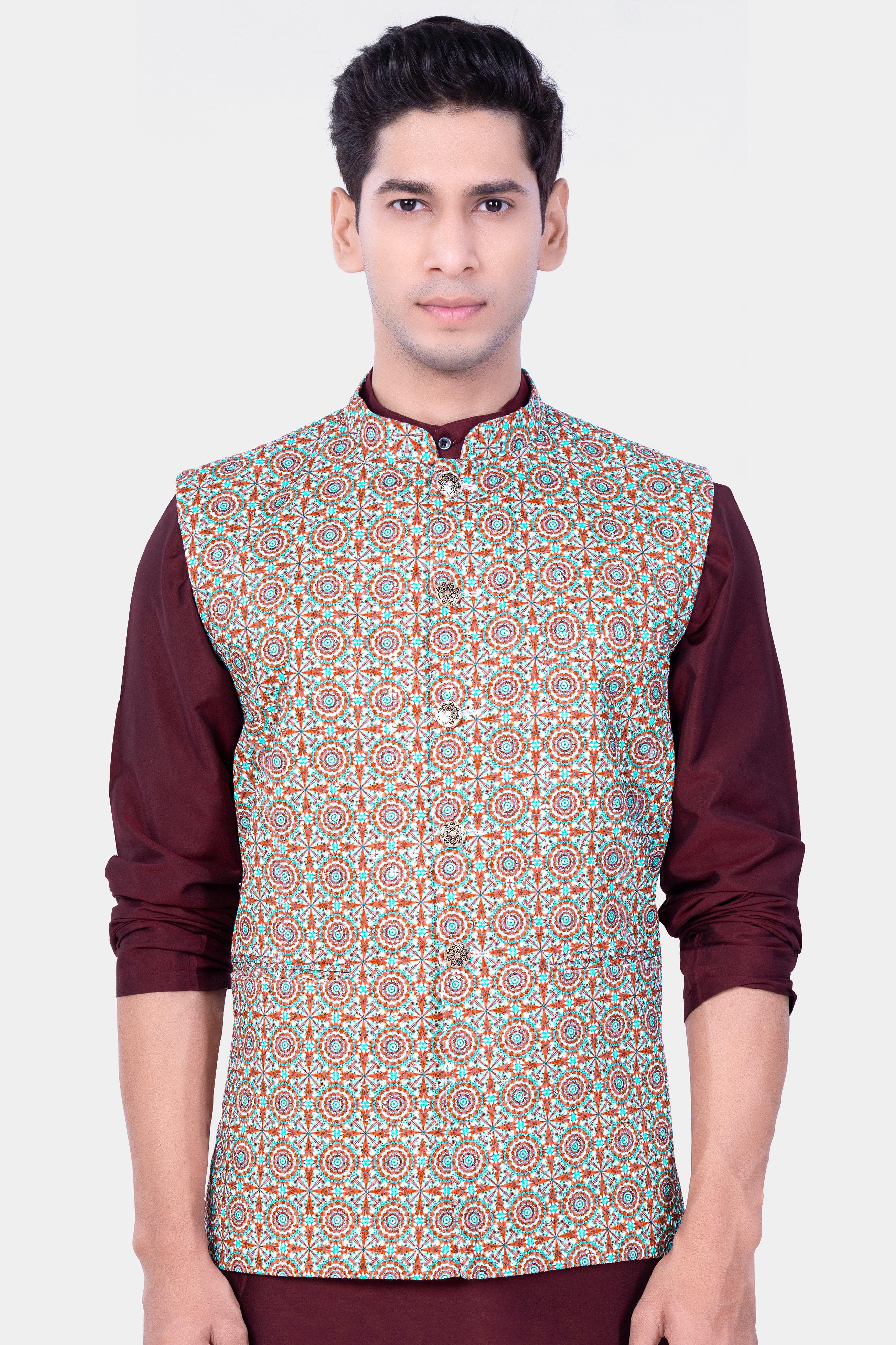 Sienna Red Tron Blue Designer Thread Embroidered Nehru Jacket