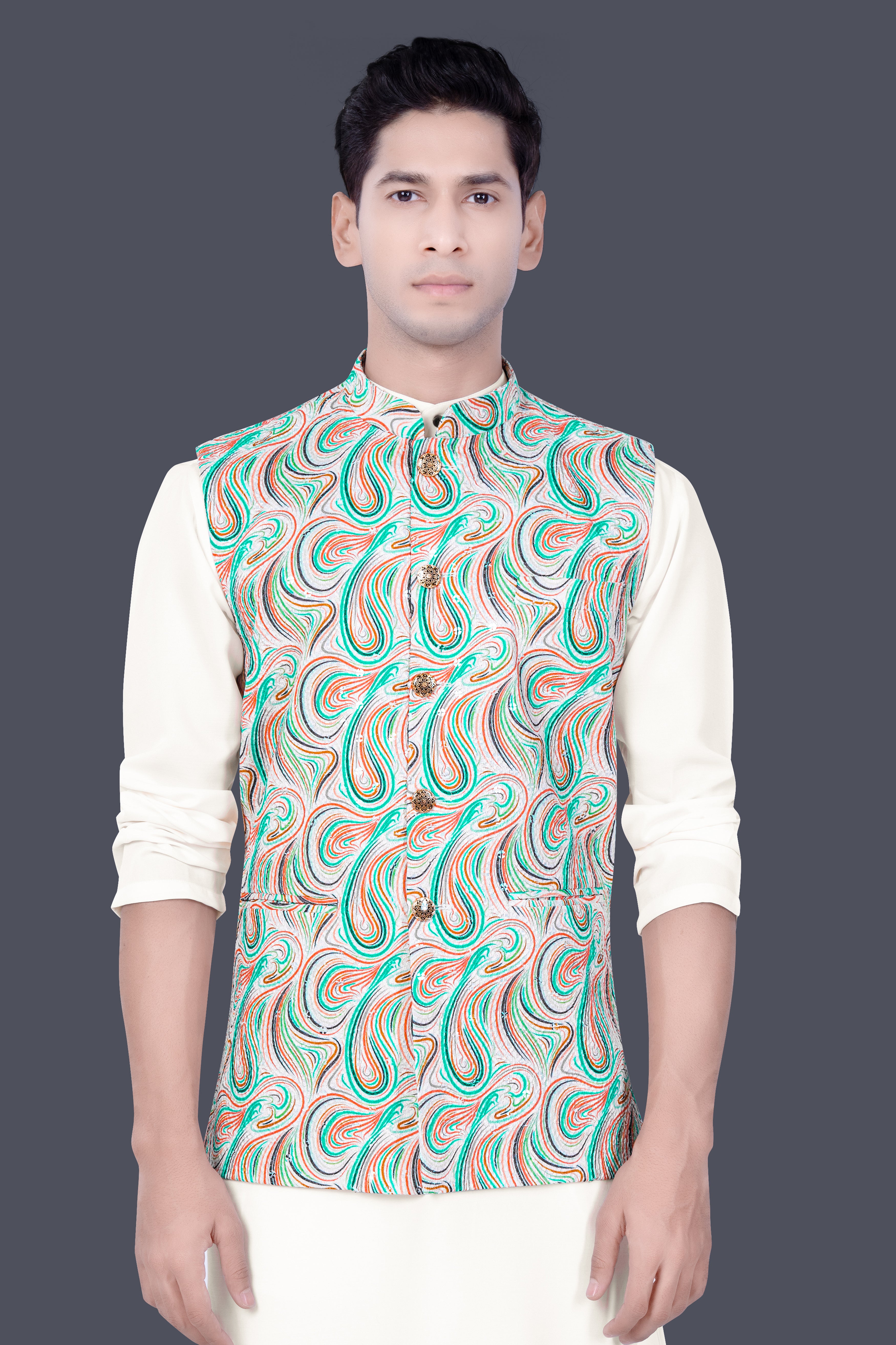 Bright White And Turquoise Blue MultiColour Designer Thread Embroidered Nehru Jacket