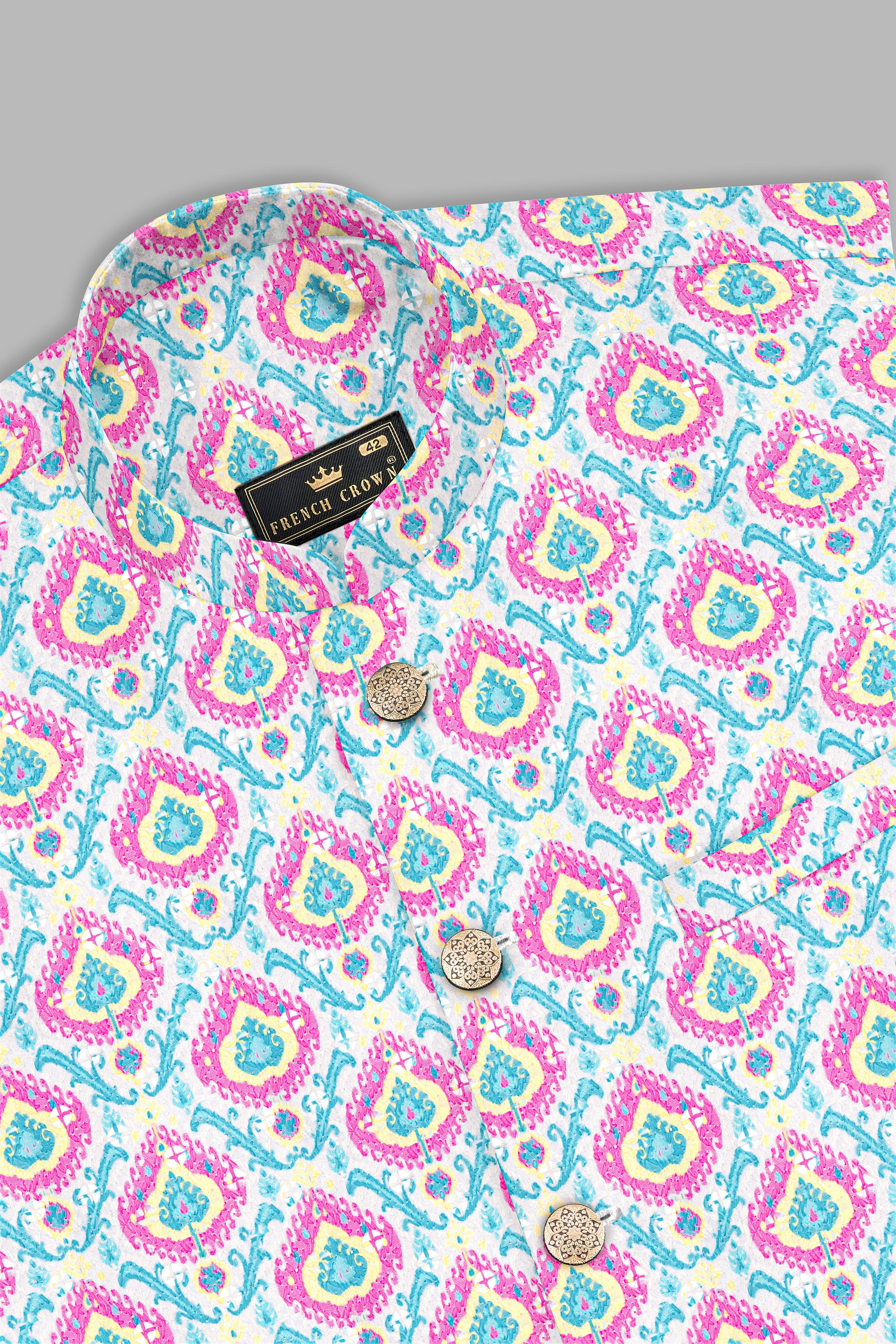 Bright White And lllusion Pink Designer Thread Embroidered Nehru Jacket