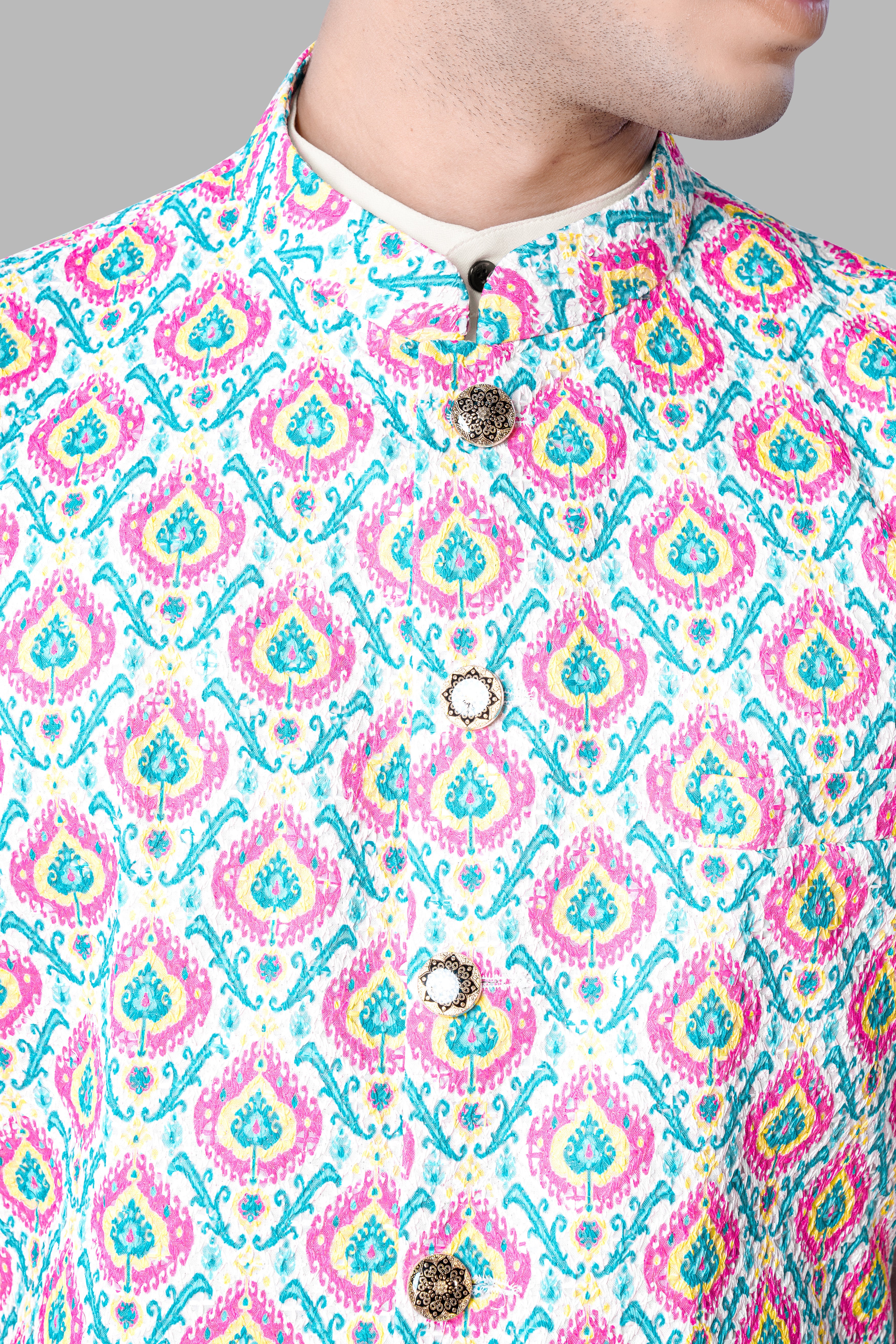 Bright White And lllusion Pink Designer Thread Embroidered Nehru Jacket