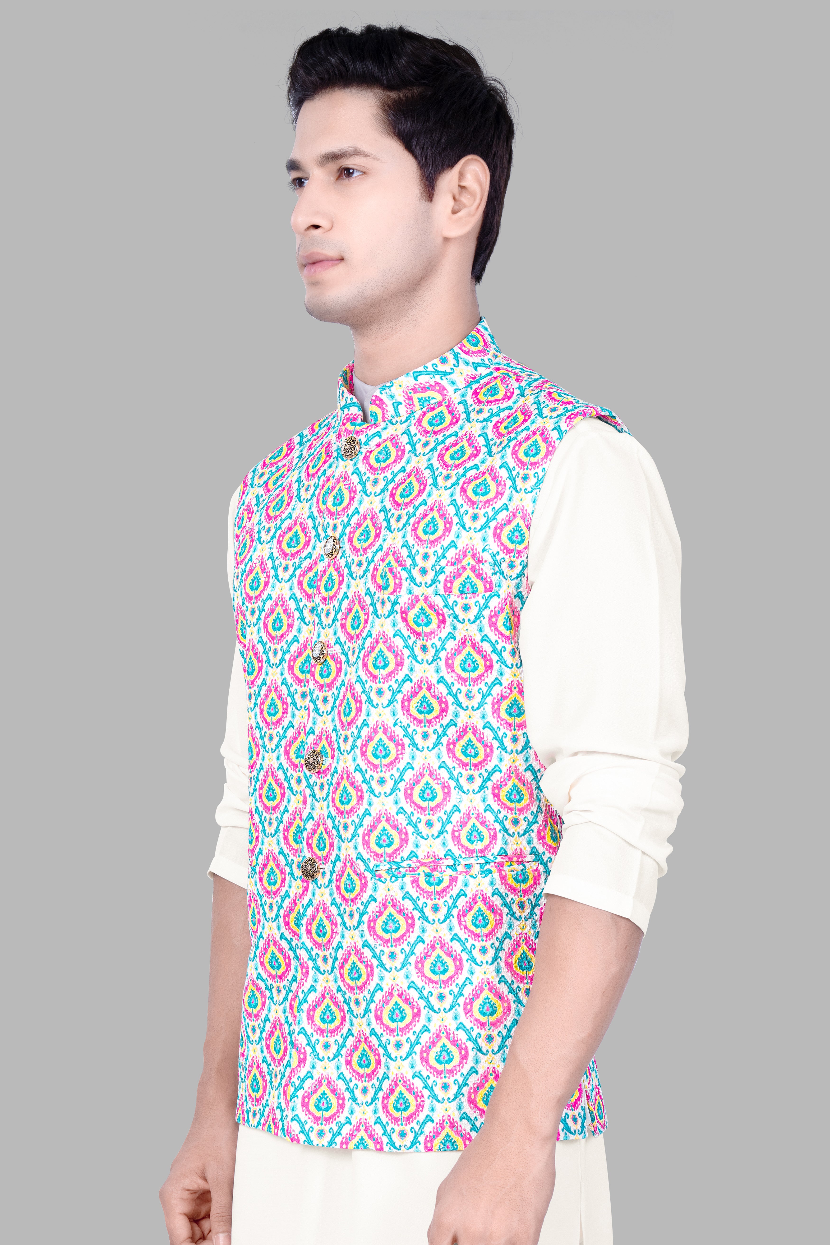 Bright White And lllusion Pink Designer Thread Embroidered Nehru Jacket