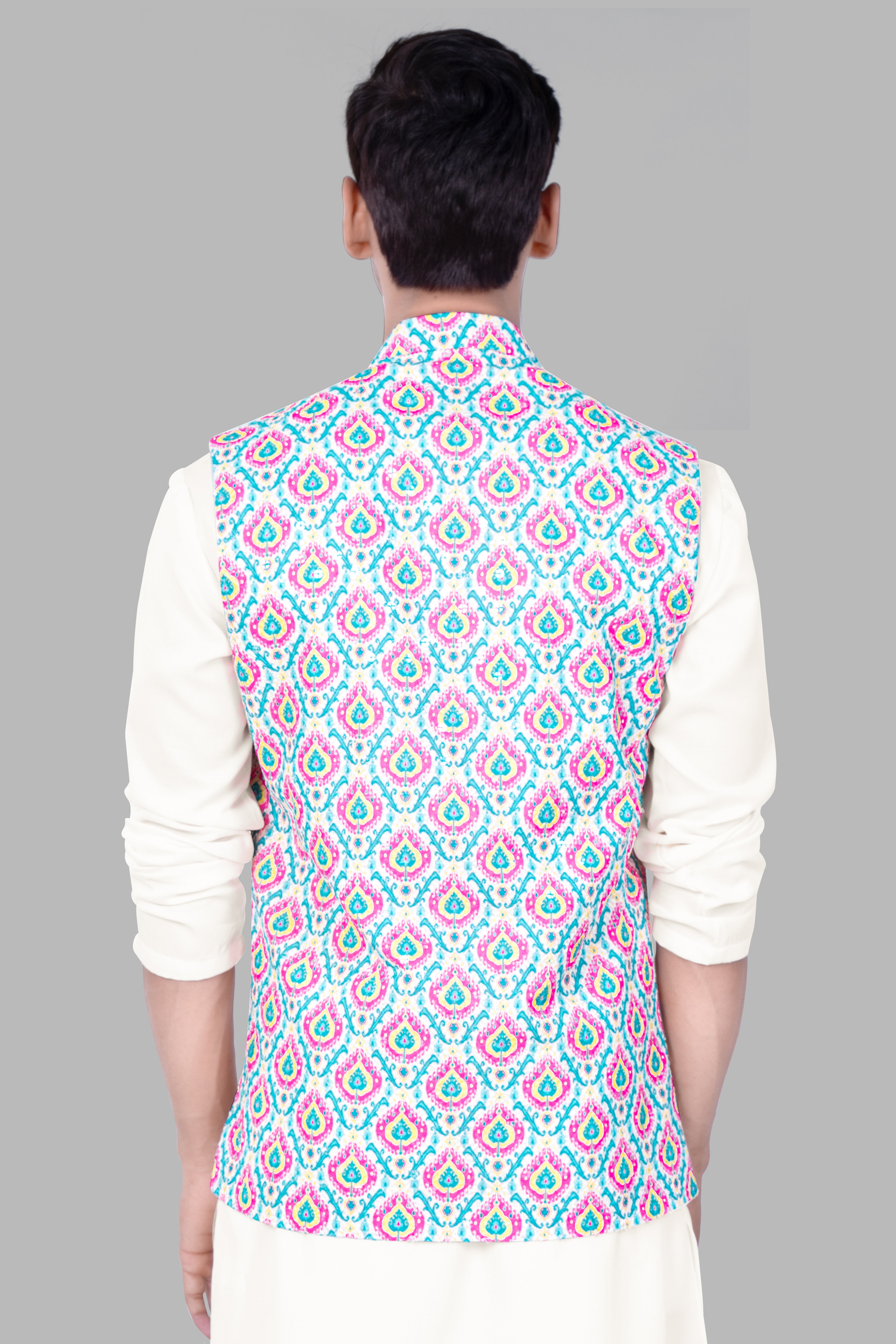 Bright White And lllusion Pink Designer Thread Embroidered Nehru Jacket