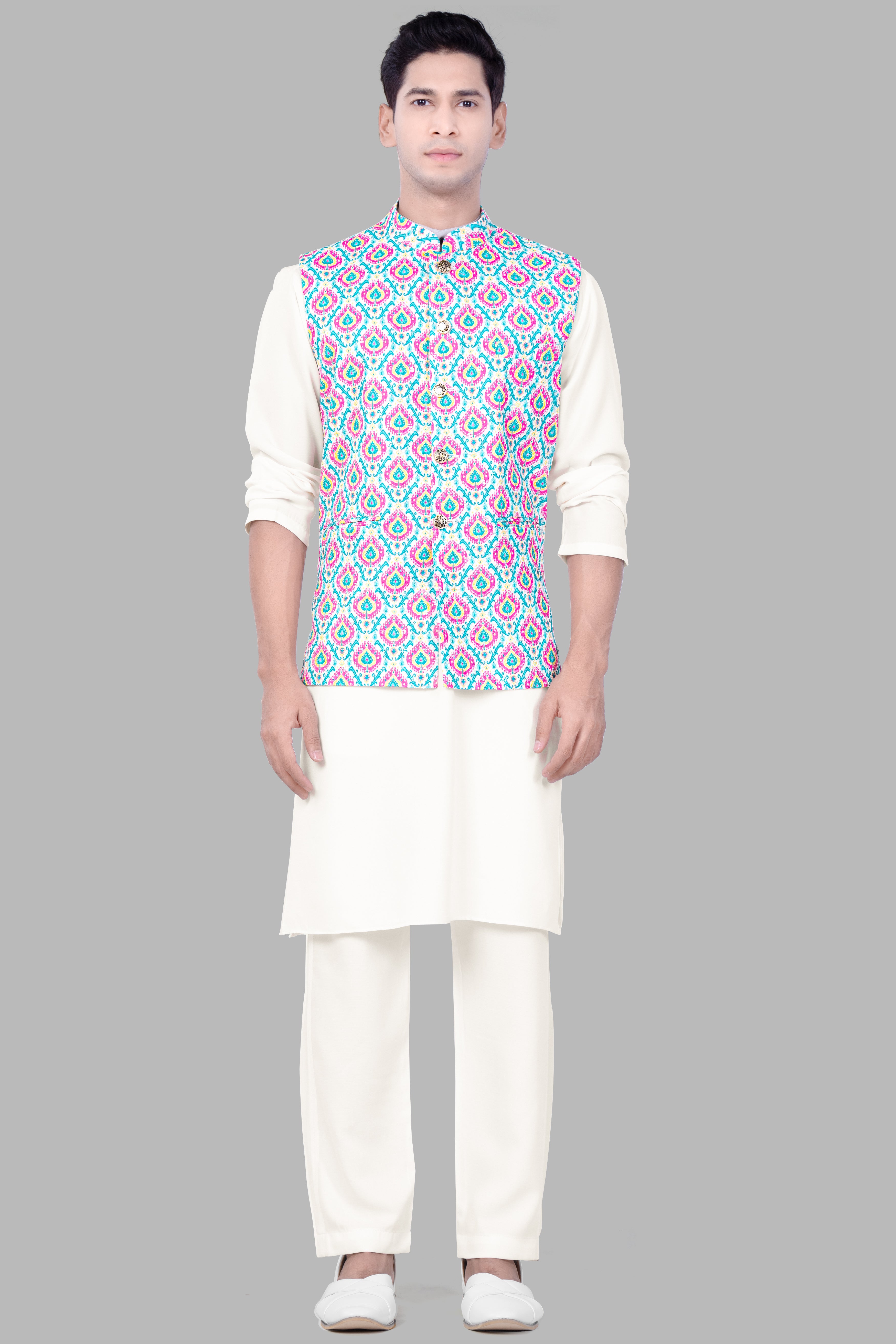 Bright White And lllusion Pink Designer Thread Embroidered Nehru Jacket