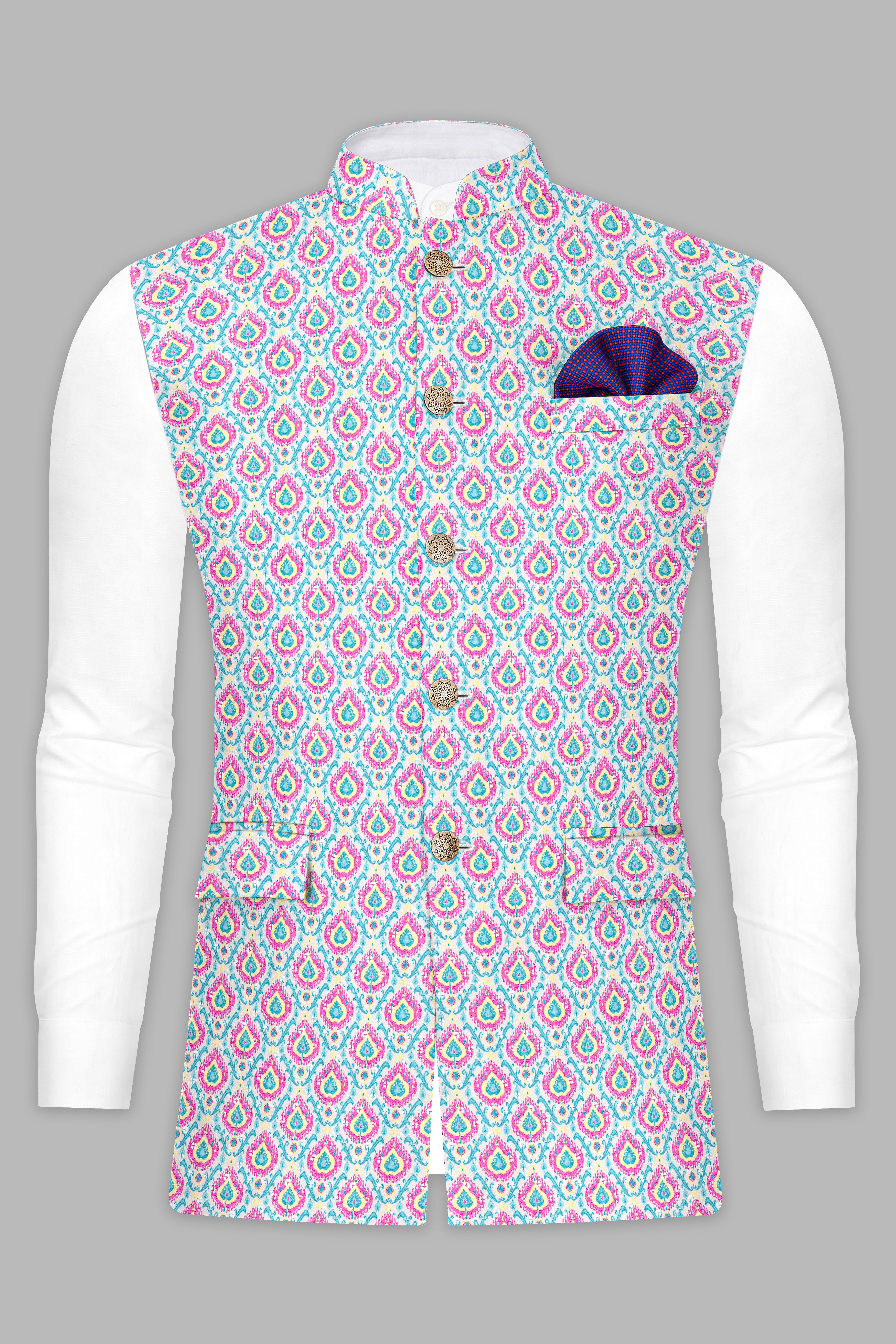 Bright White And lllusion Pink Designer Thread Embroidered Nehru Jacket