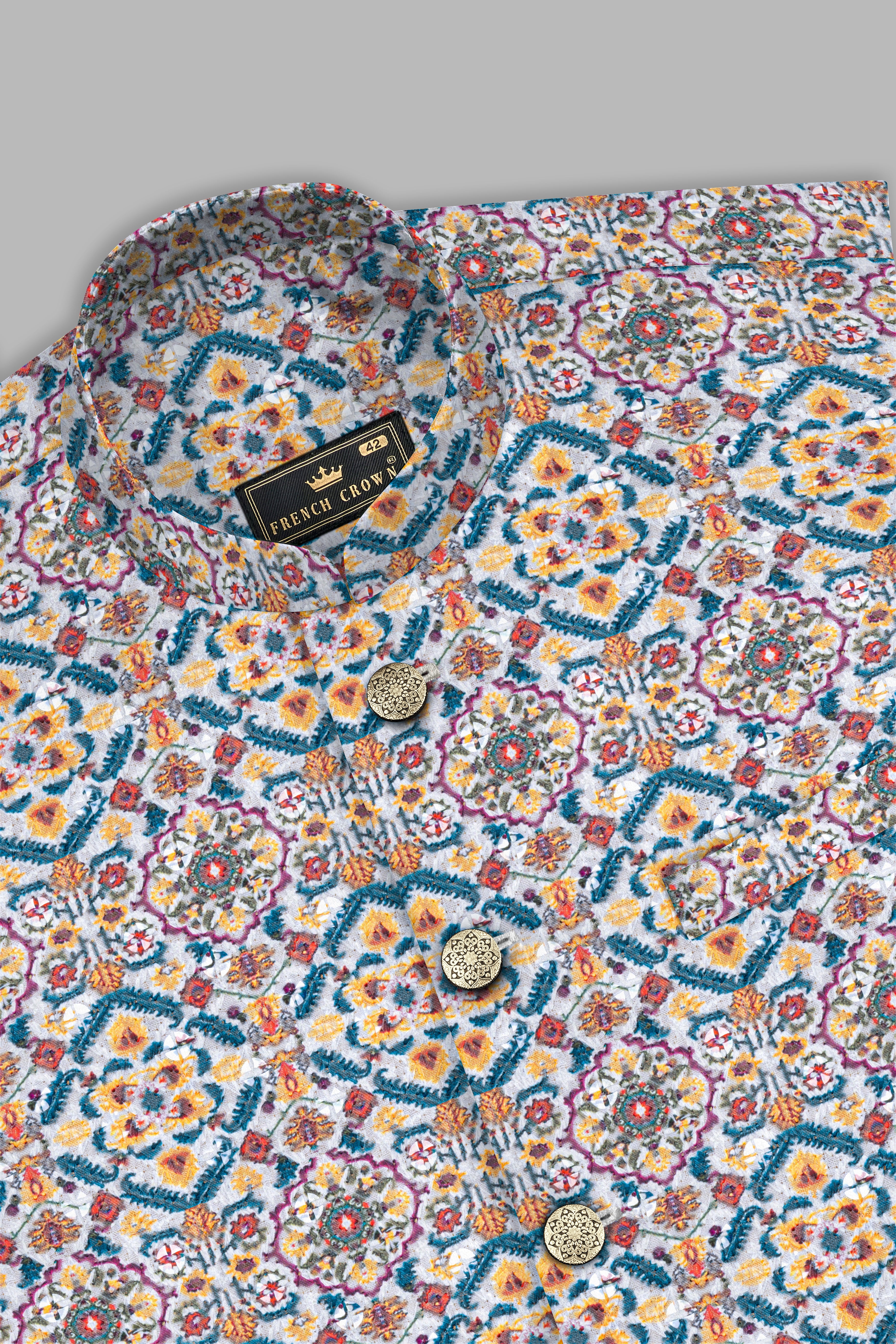 Orient Blue And Tainoi Yellow Designer Thread Embroidered Nehru Jacket