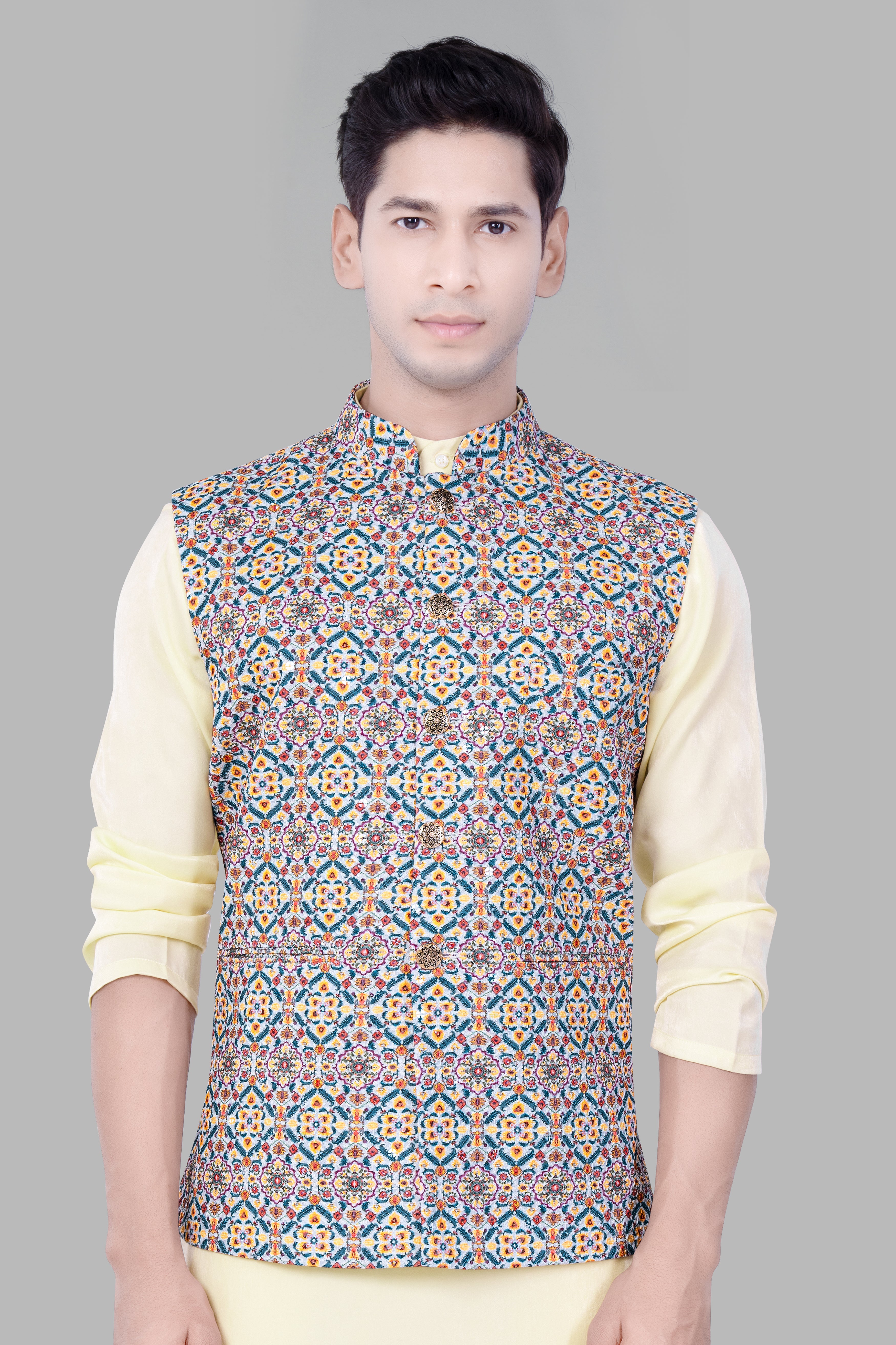 Orient Blue And Tainoi Yellow Designer Thread Embroidered Nehru Jacket