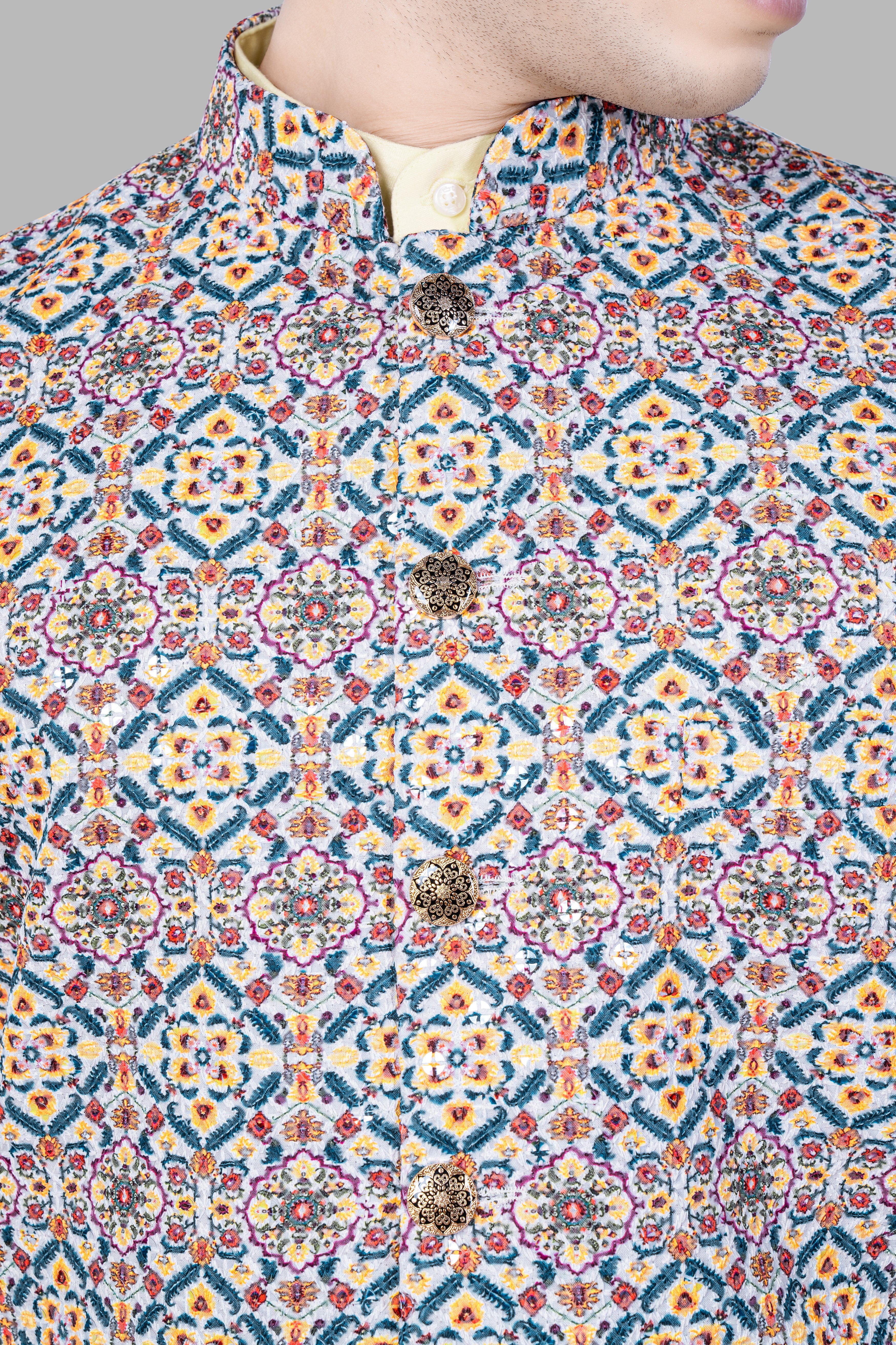 Orient Blue And Tainoi Yellow Designer Thread Embroidered Nehru Jacket