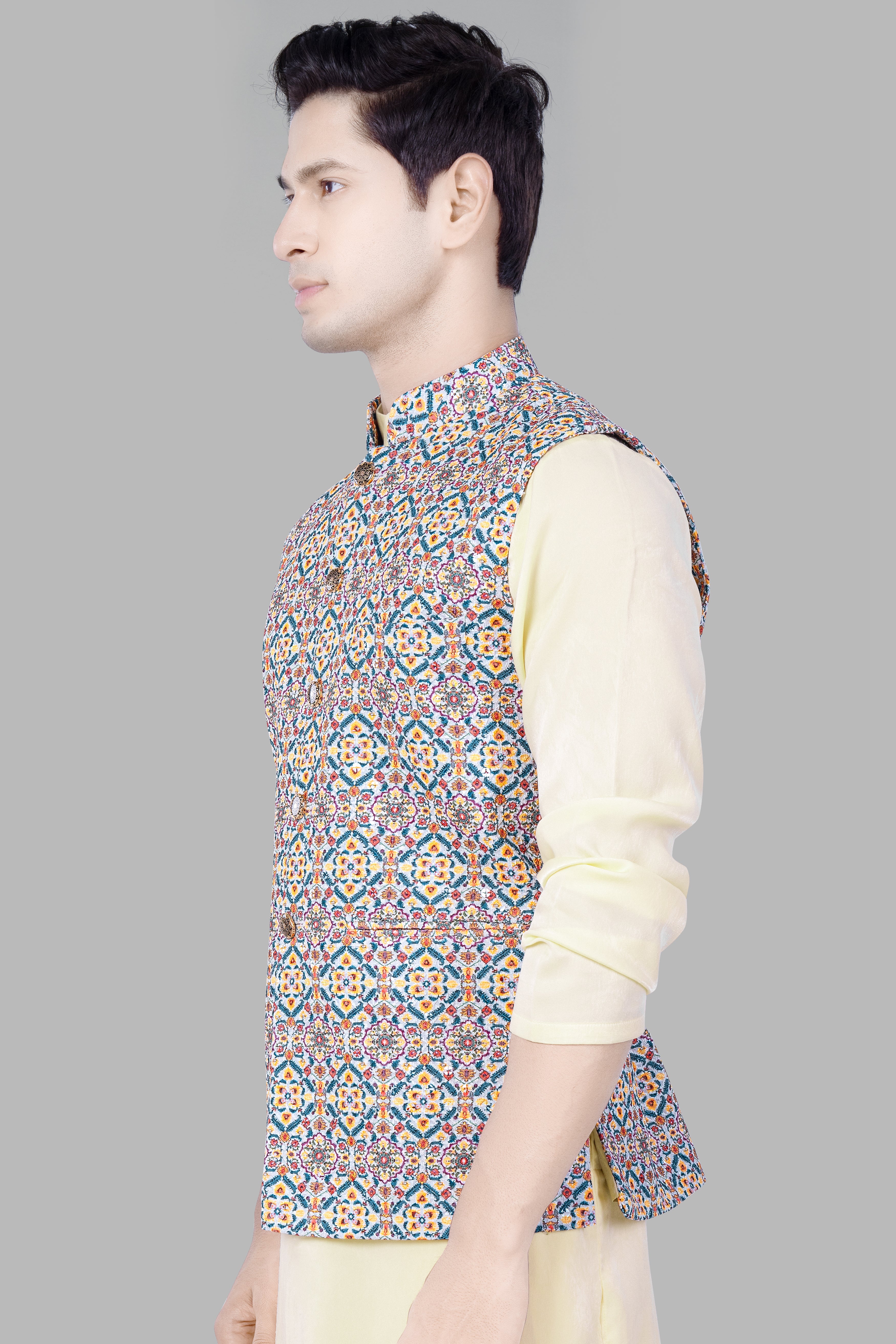 Orient Blue And Tainoi Yellow Designer Thread Embroidered Nehru Jacket