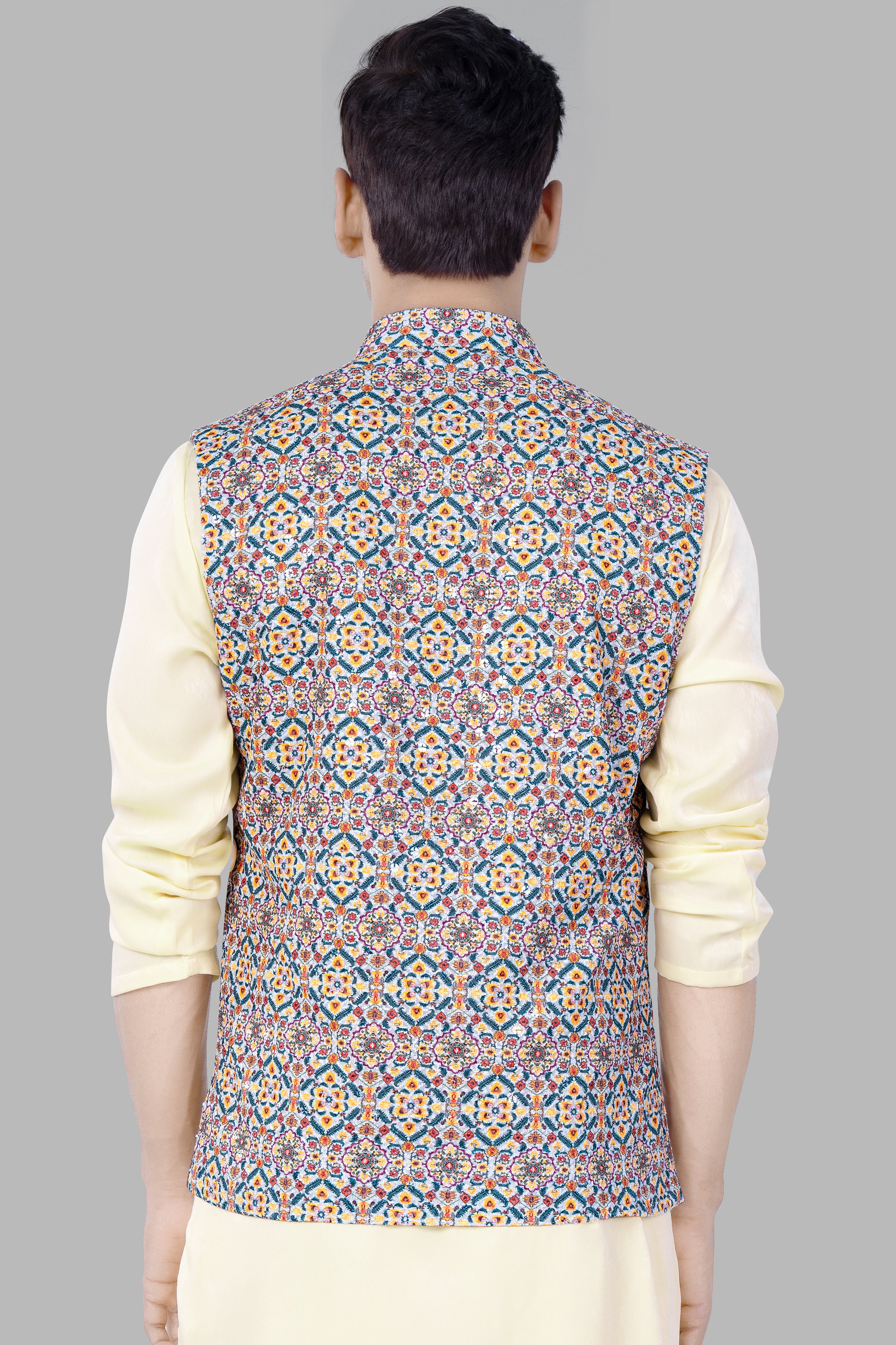 Orient Blue And Tainoi Yellow Designer Thread Embroidered Nehru Jacket