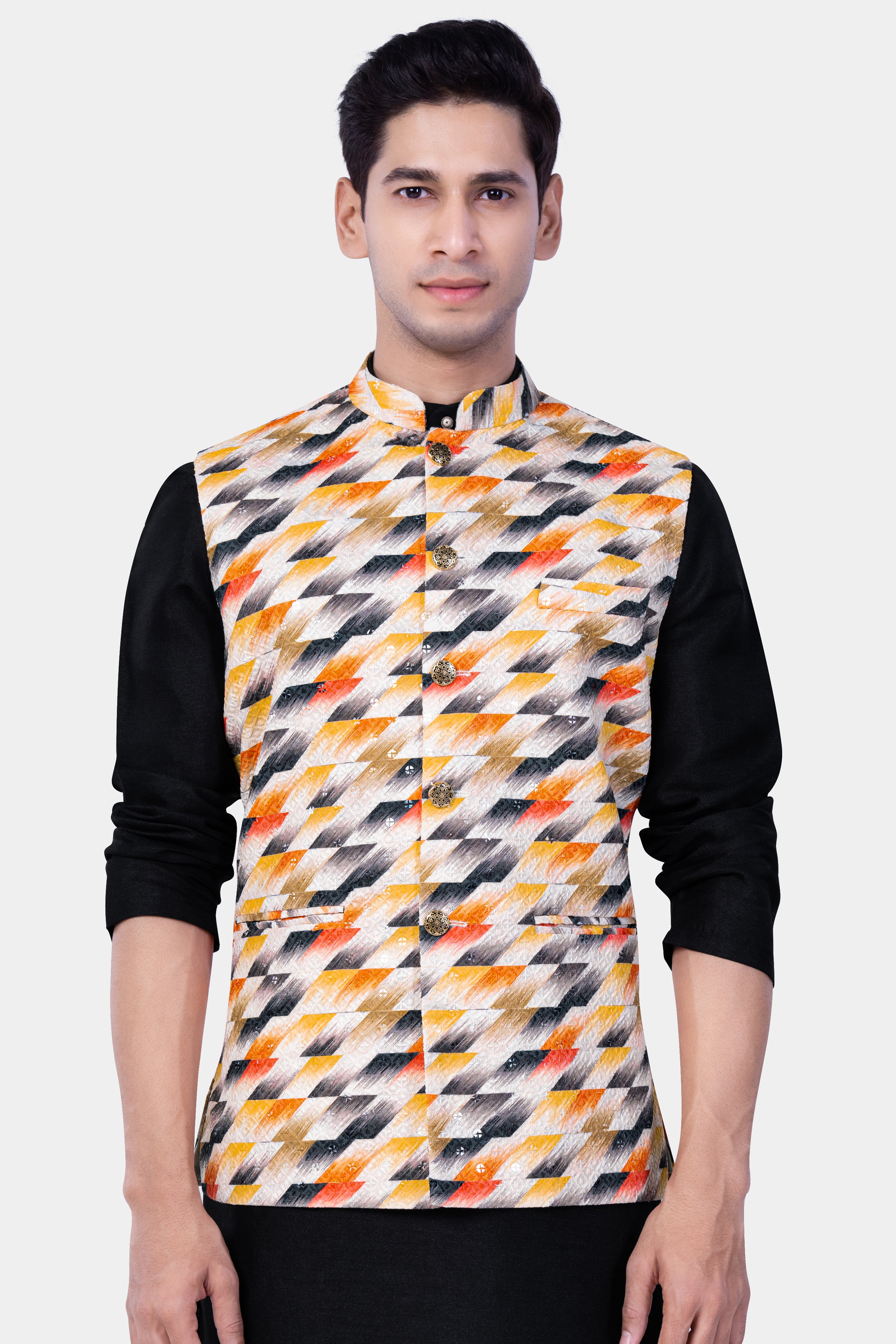 Tree Poppy Orange And Jade Black MultiColour Designer Thread Embroidered Nehru Jacket
