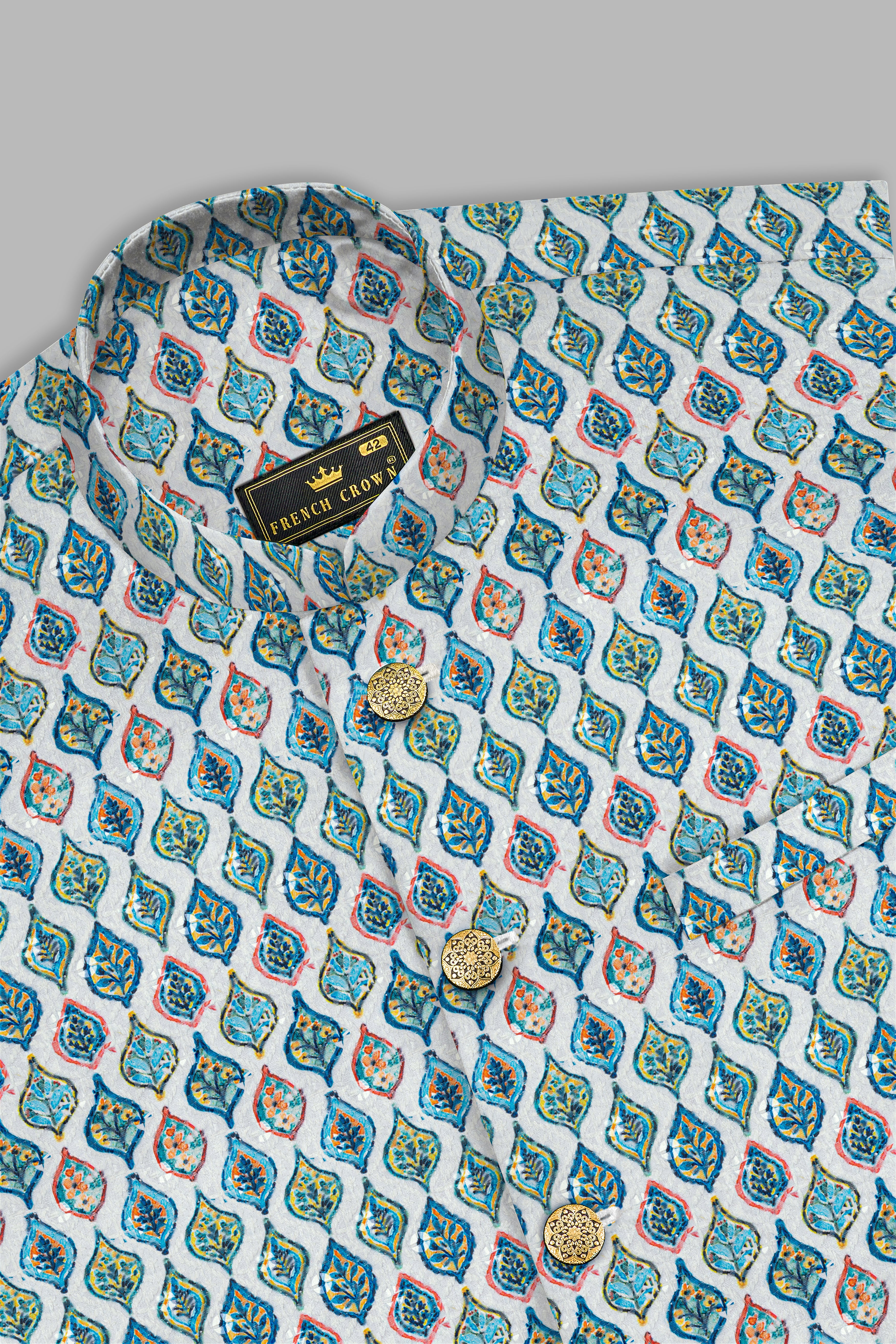 Bright White And Ocean Blue leaf Designer Thread Embroidered Nehru Jacket