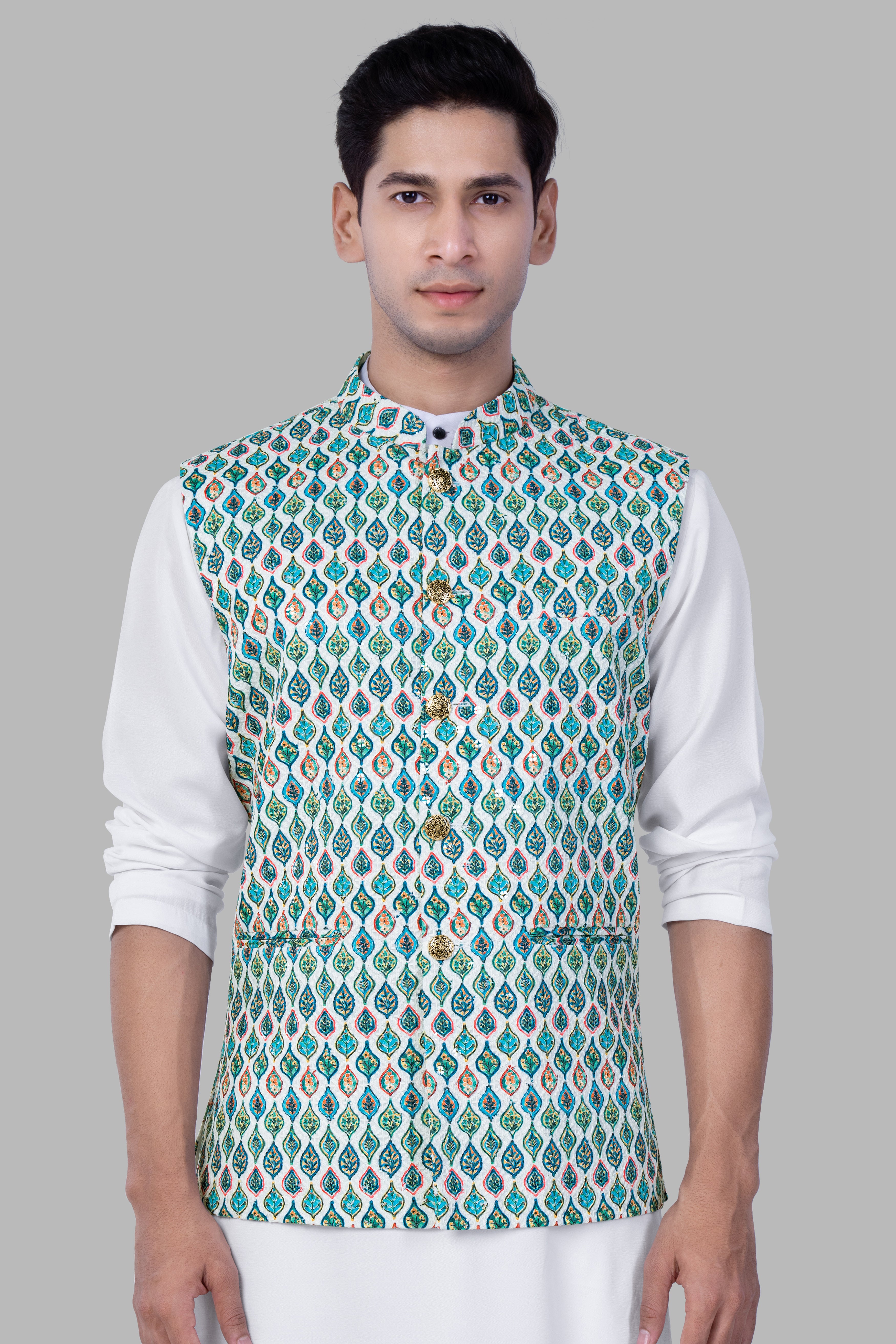 Bright White And Ocean Blue leaf Designer Thread Embroidered Nehru Jacket