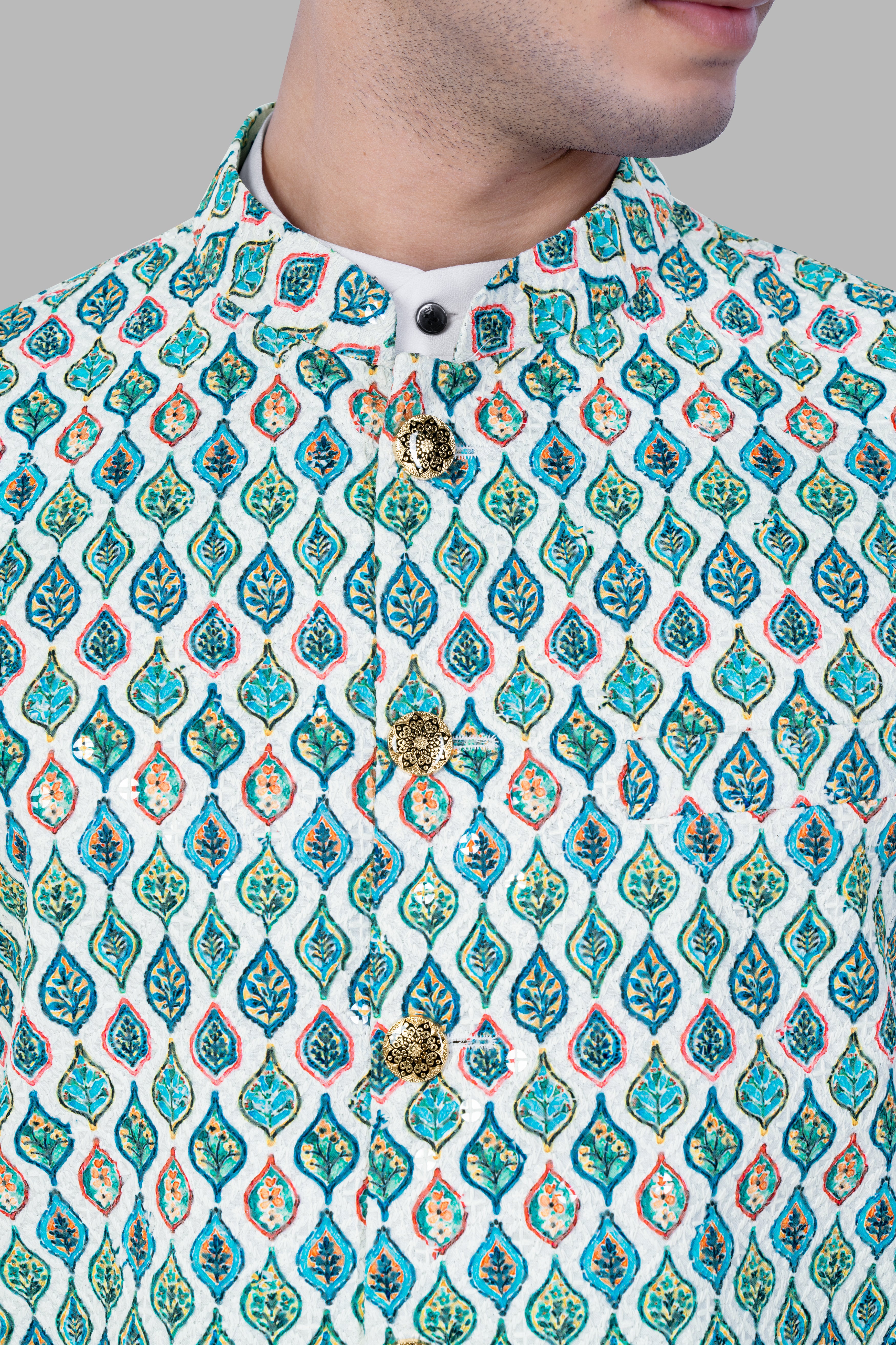 Bright White And Ocean Blue leaf Designer Thread Embroidered Nehru Jacket