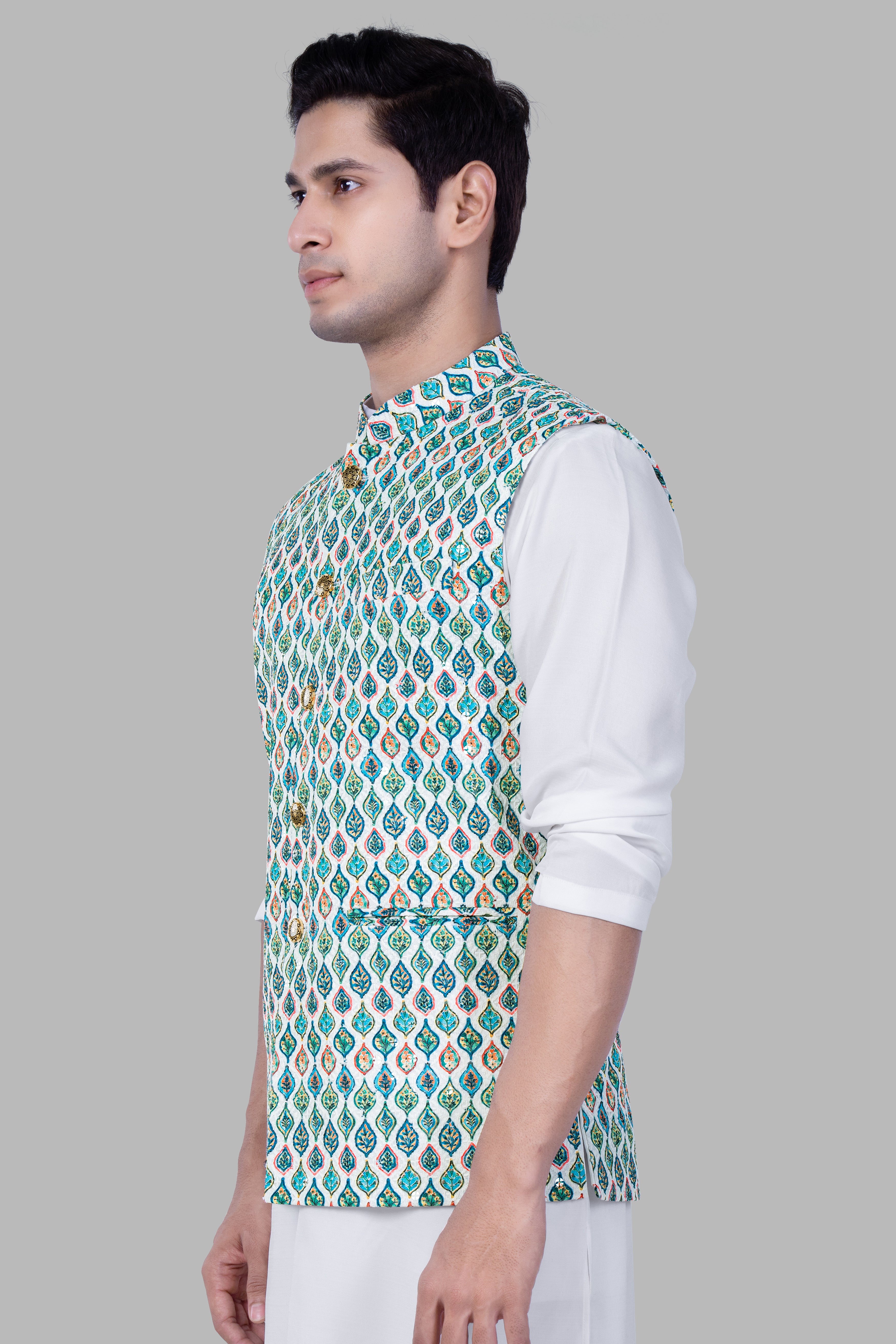 Bright White And Ocean Blue leaf Designer Thread Embroidered Nehru Jacket