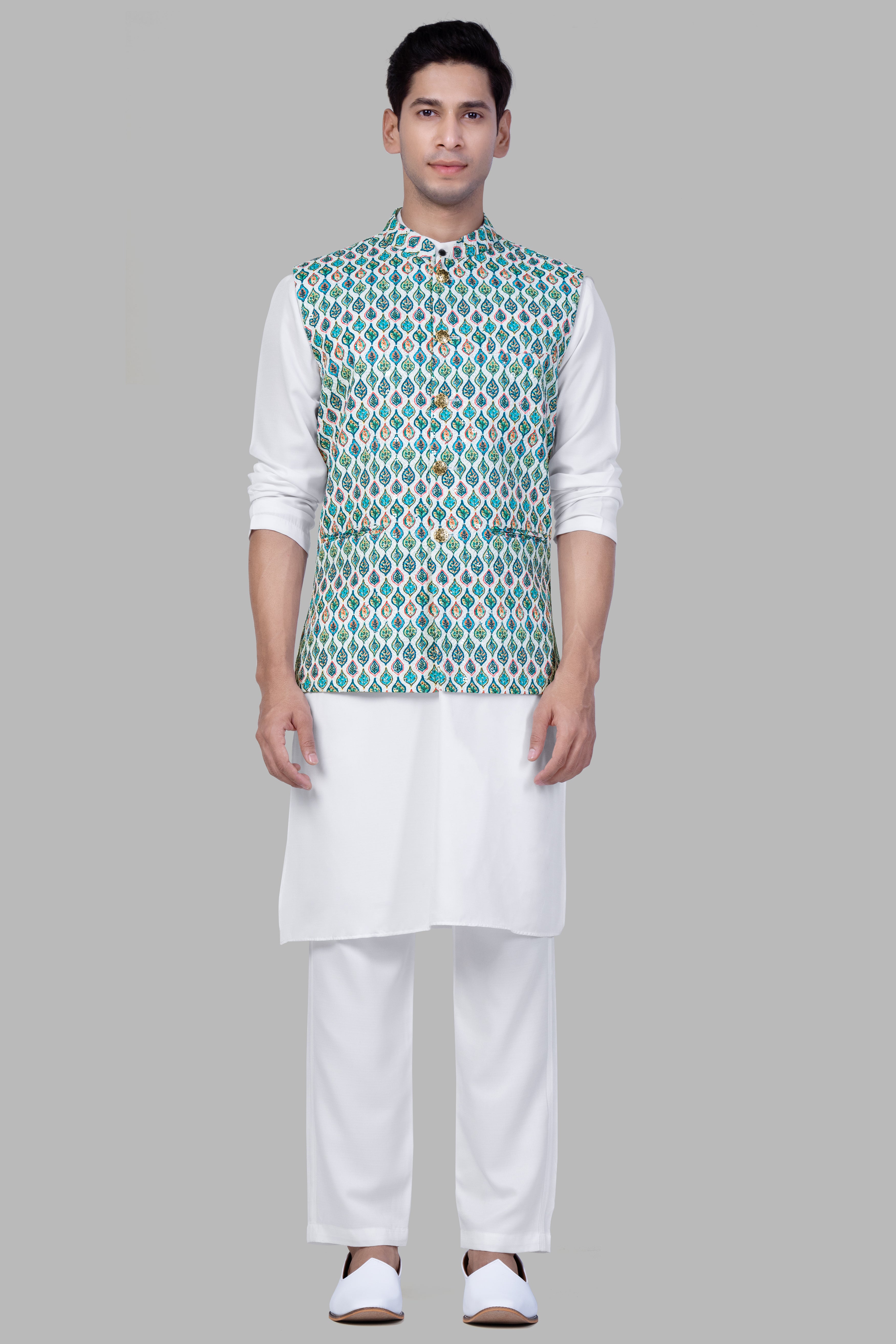 Bright White And Ocean Blue leaf Designer Thread Embroidered Nehru Jacket