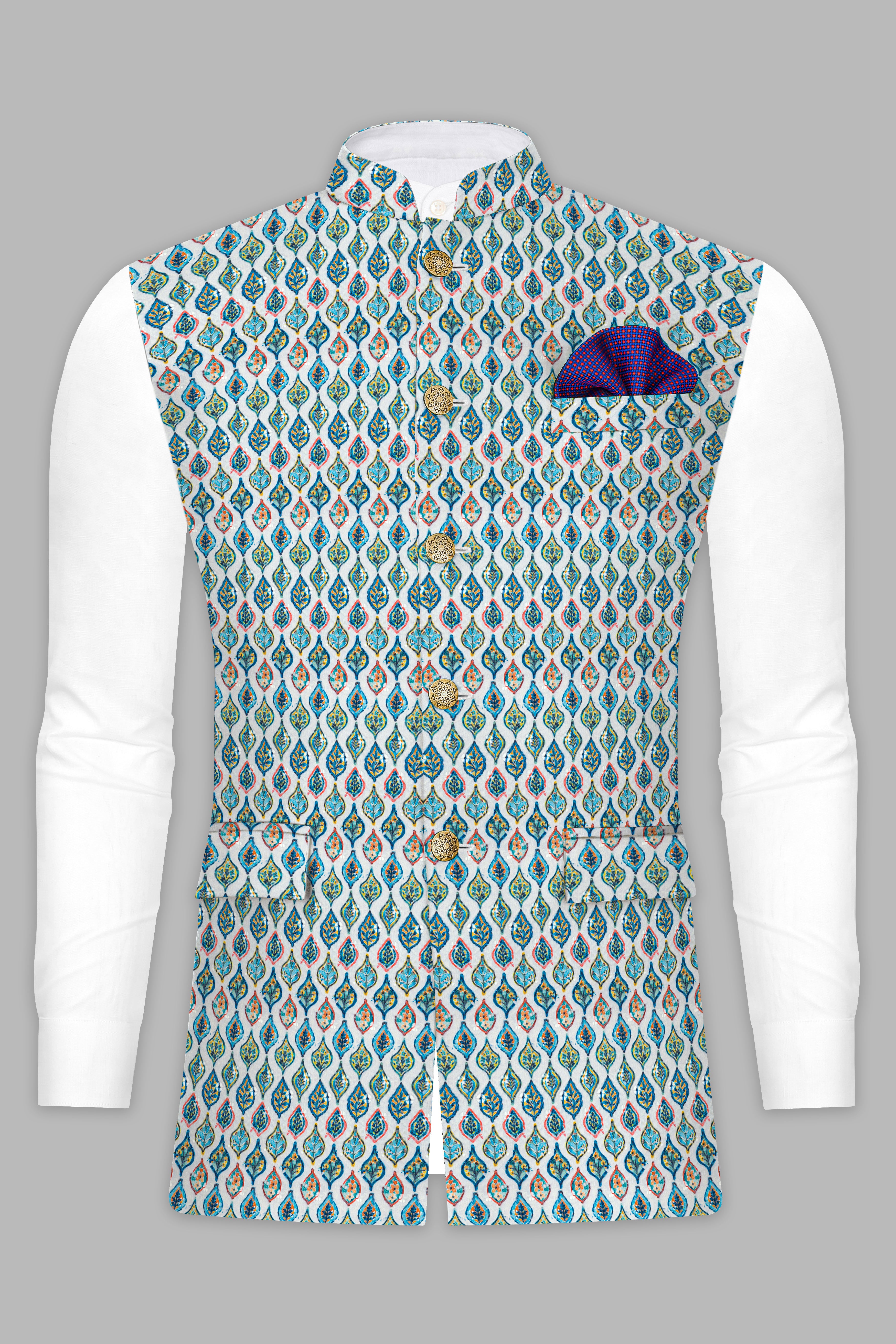 Bright White And Ocean Blue leaf Designer Thread Embroidered Nehru Jacket