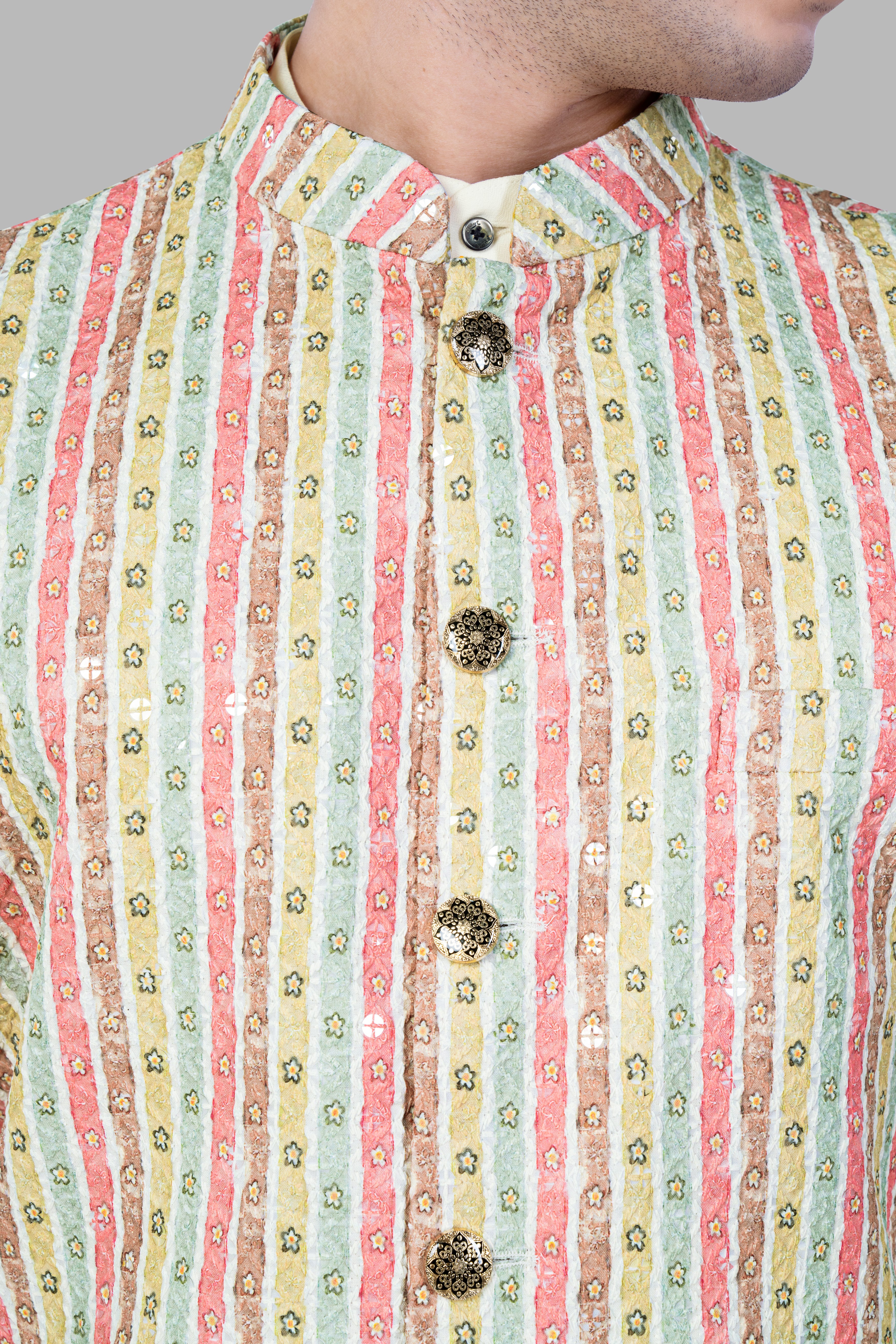 Froly Pink And Apple Blossom Brown MultiColour Designer Thread Embroidered Nehru Jacket