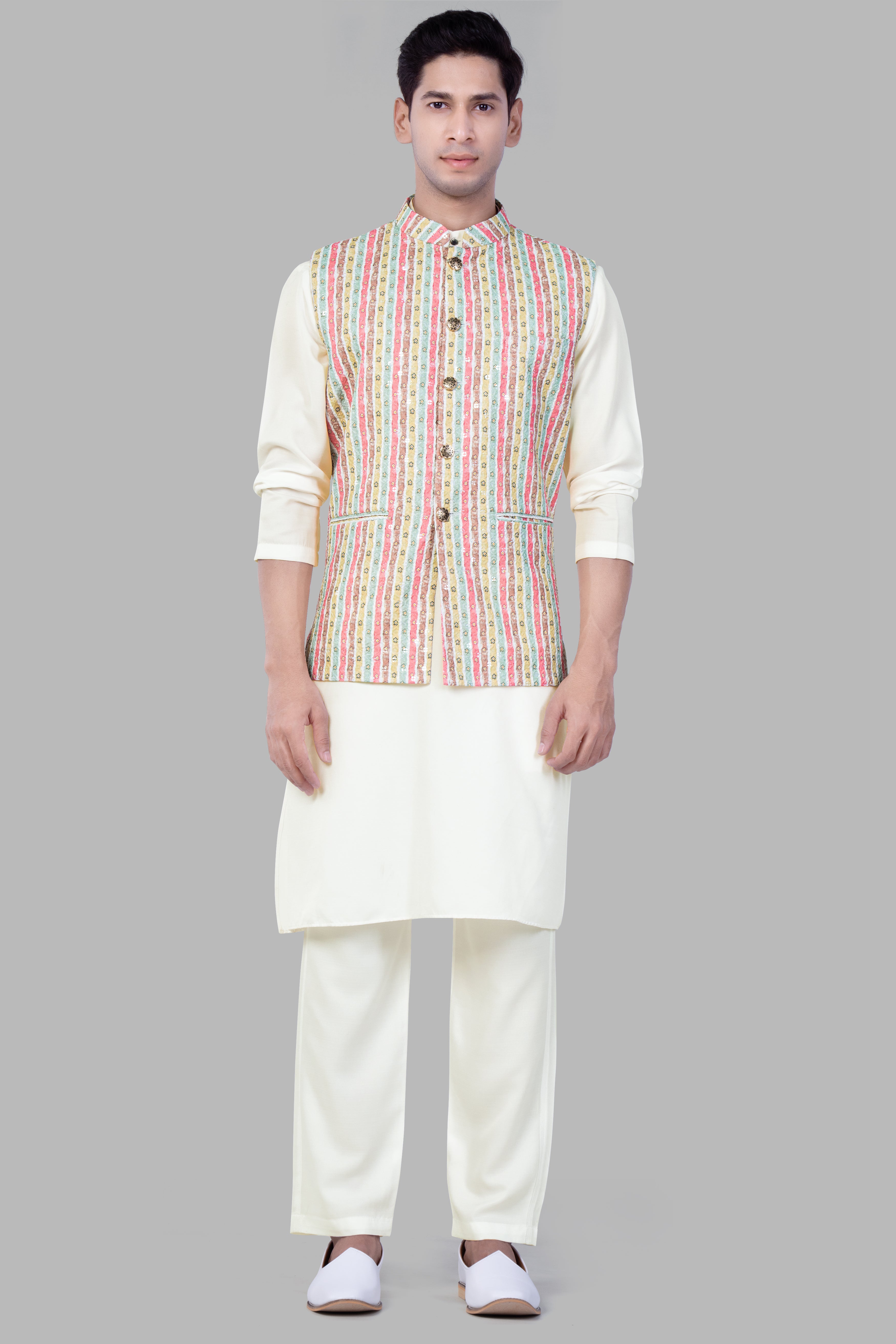 Froly Pink And Apple Blossom Brown MultiColour Designer Thread Embroidered Nehru Jacket