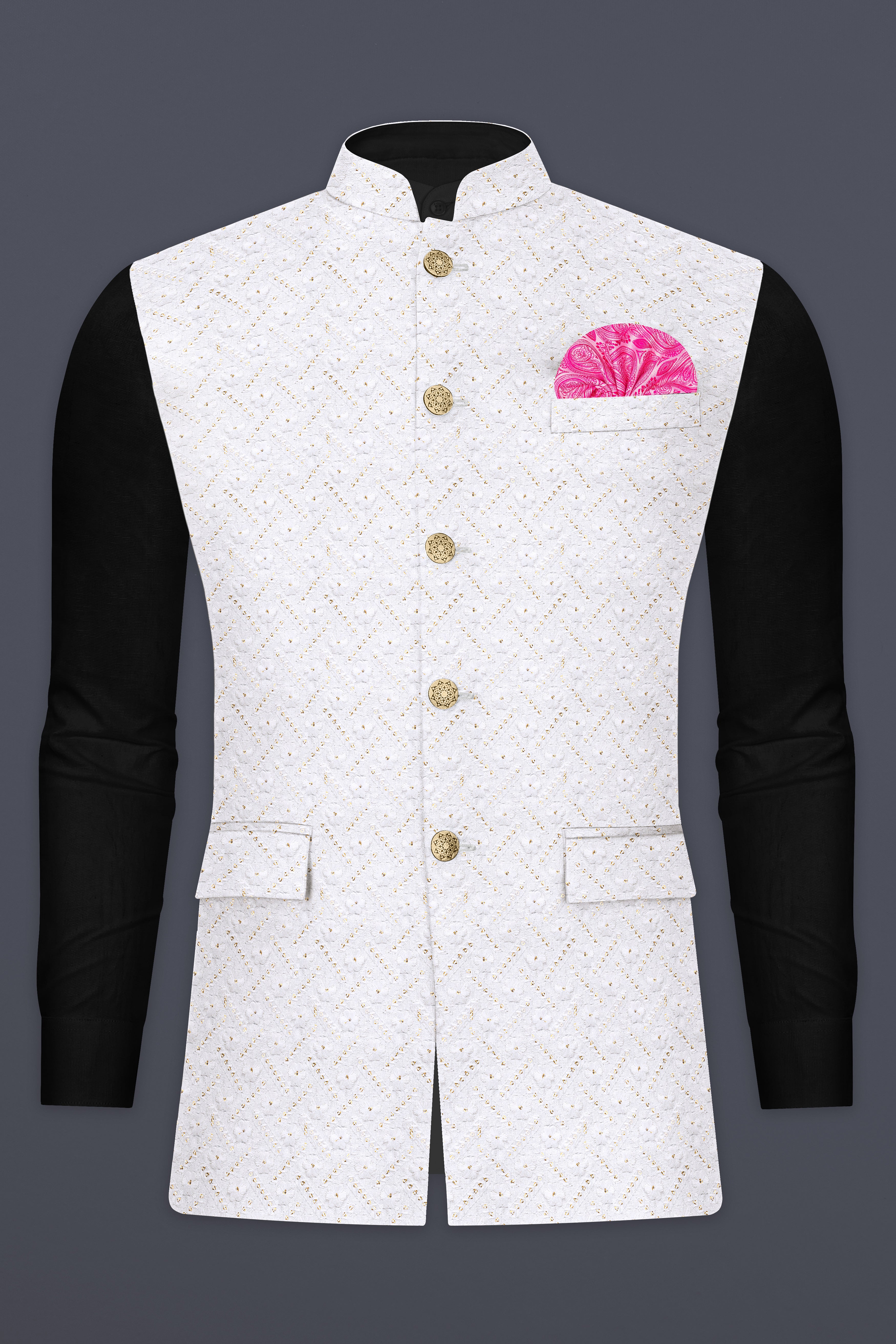 Bright White Sequin And Designer Thread Embroidered Nehru Jacket