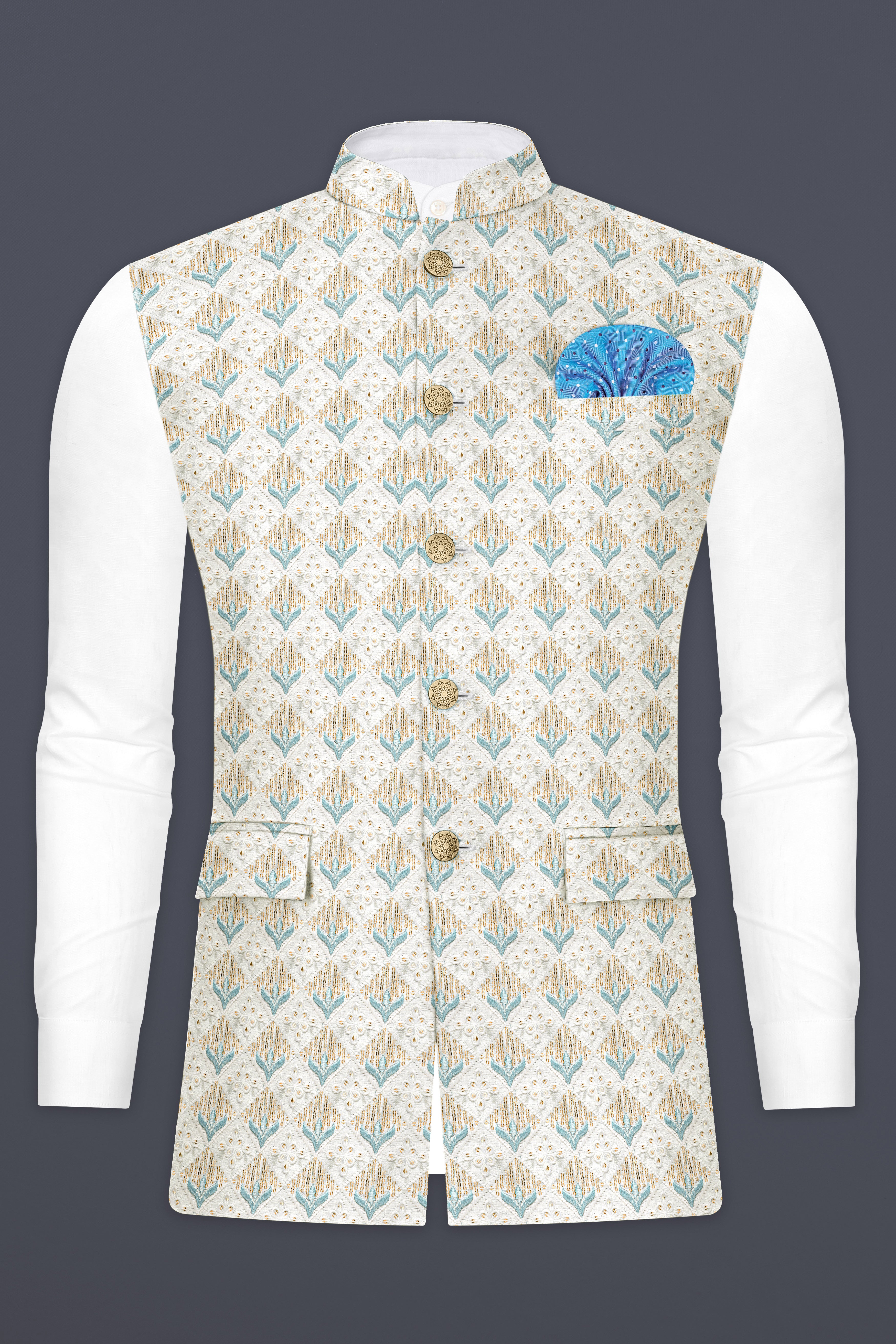 Merino Cream And Gothic Blue Sequin Designer Thread Embroidered Nehru Jacket