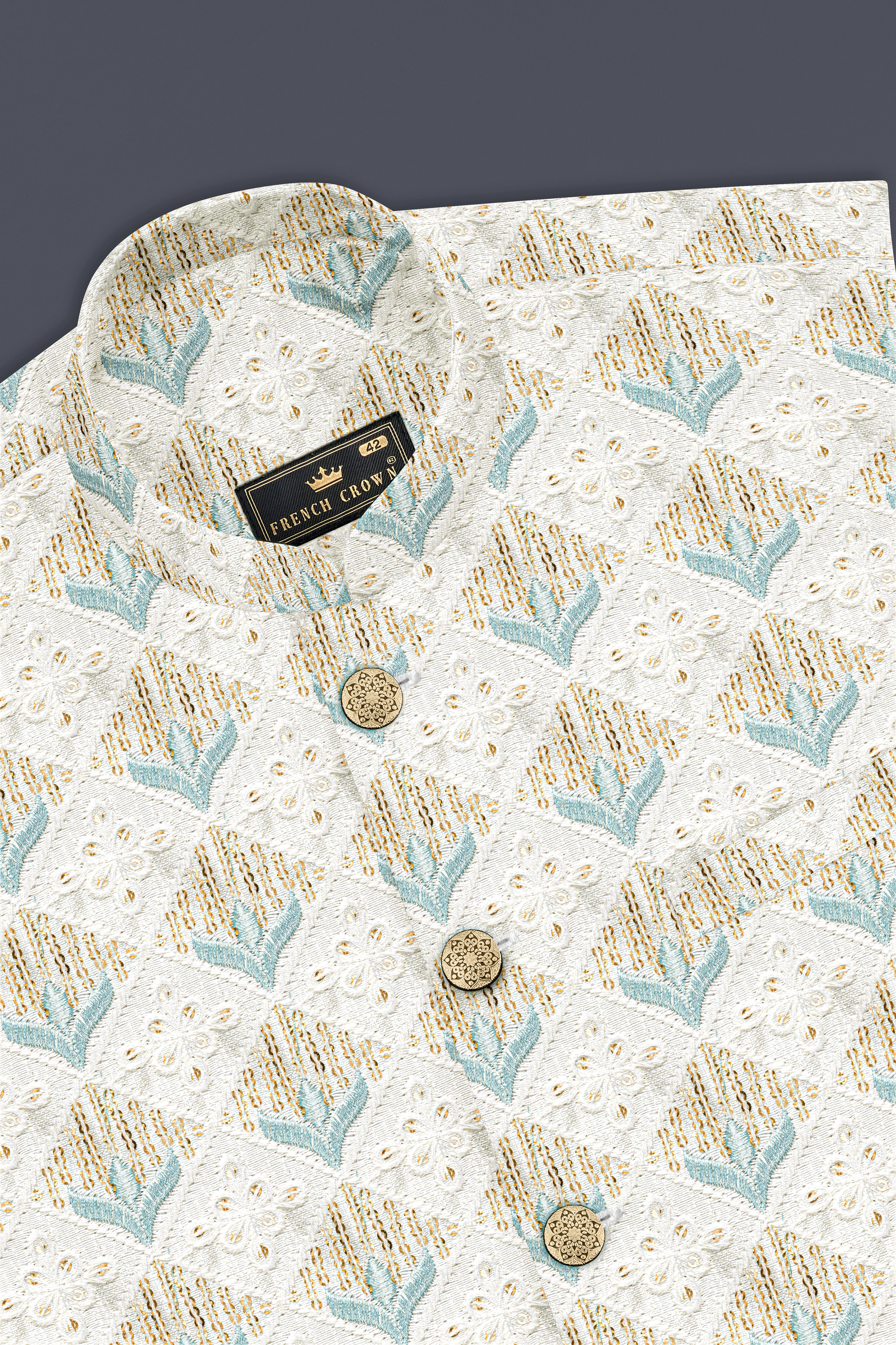 Merino Cream And Gothic Blue Sequin Designer Thread Embroidered Nehru Jacket