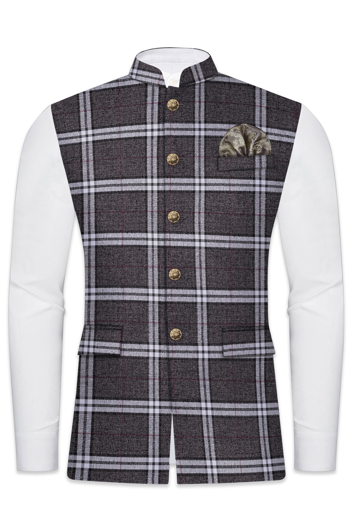 Granite Gray Plaid Wool Rich Nehru Jacket