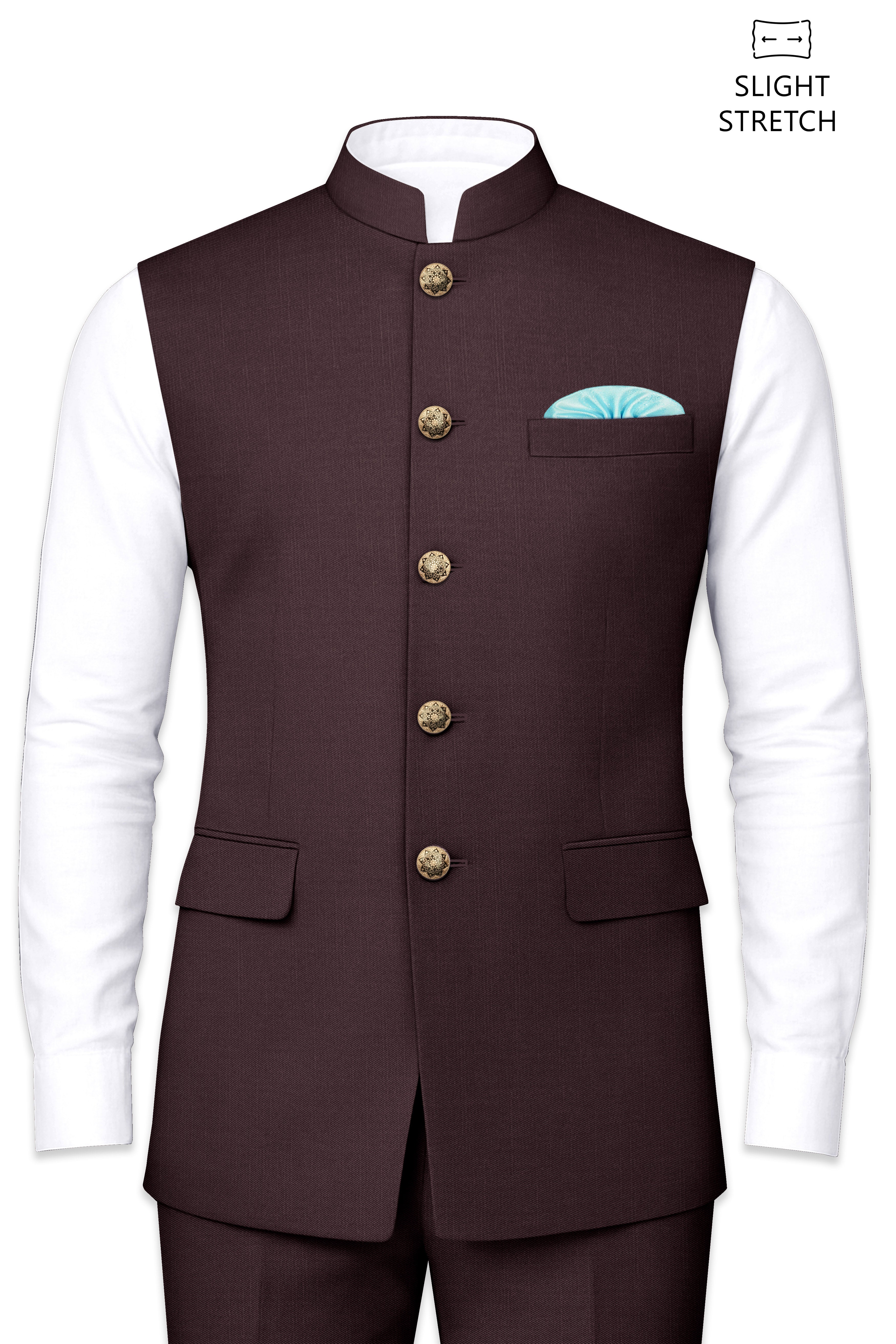 Espresso-Hickory Brown Solid Wool Rich Slight Stretch Nehru Jacket