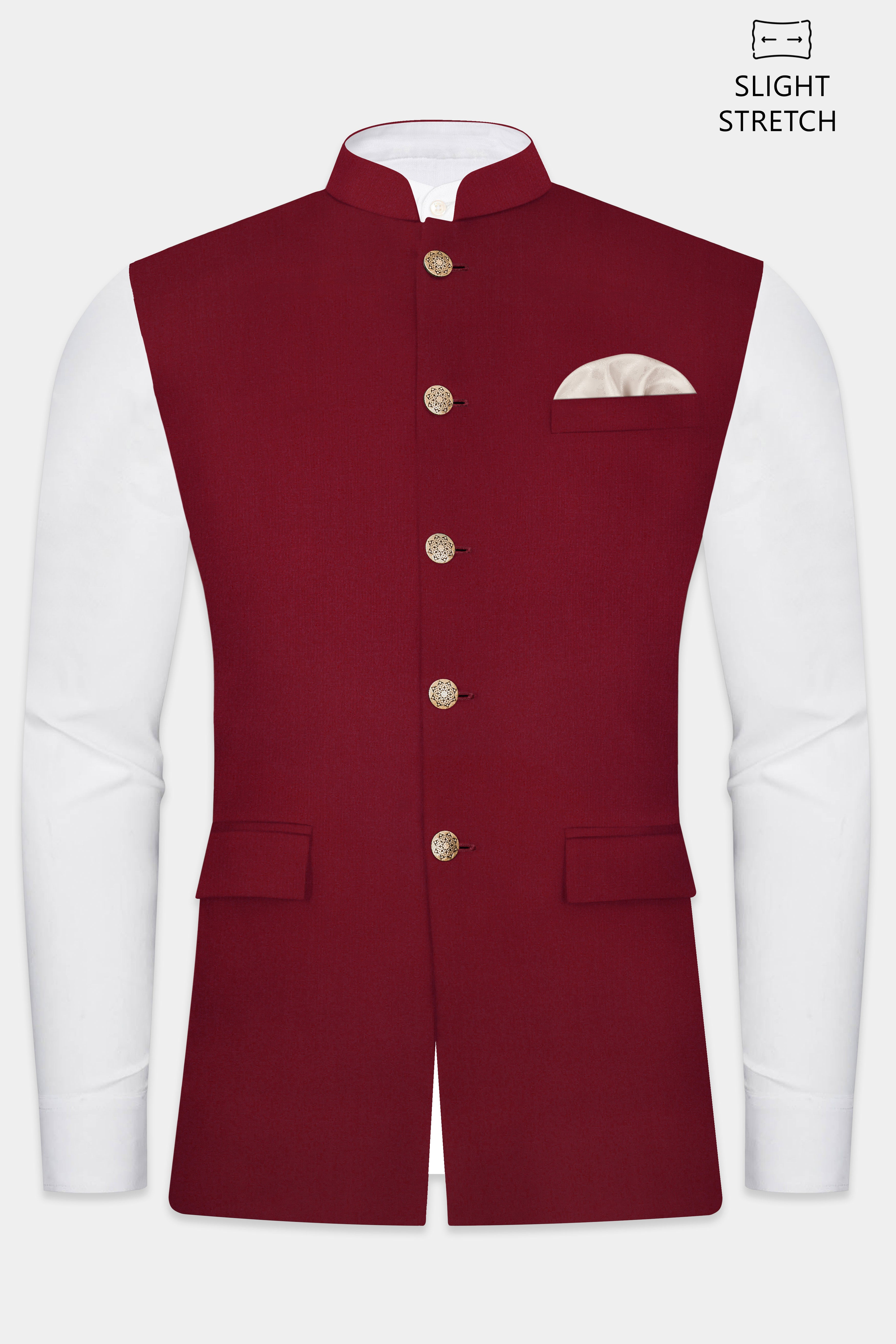 CrimsonAce-Cherry Red Solid Wool Rich Slight Stretch Nehru Jacket