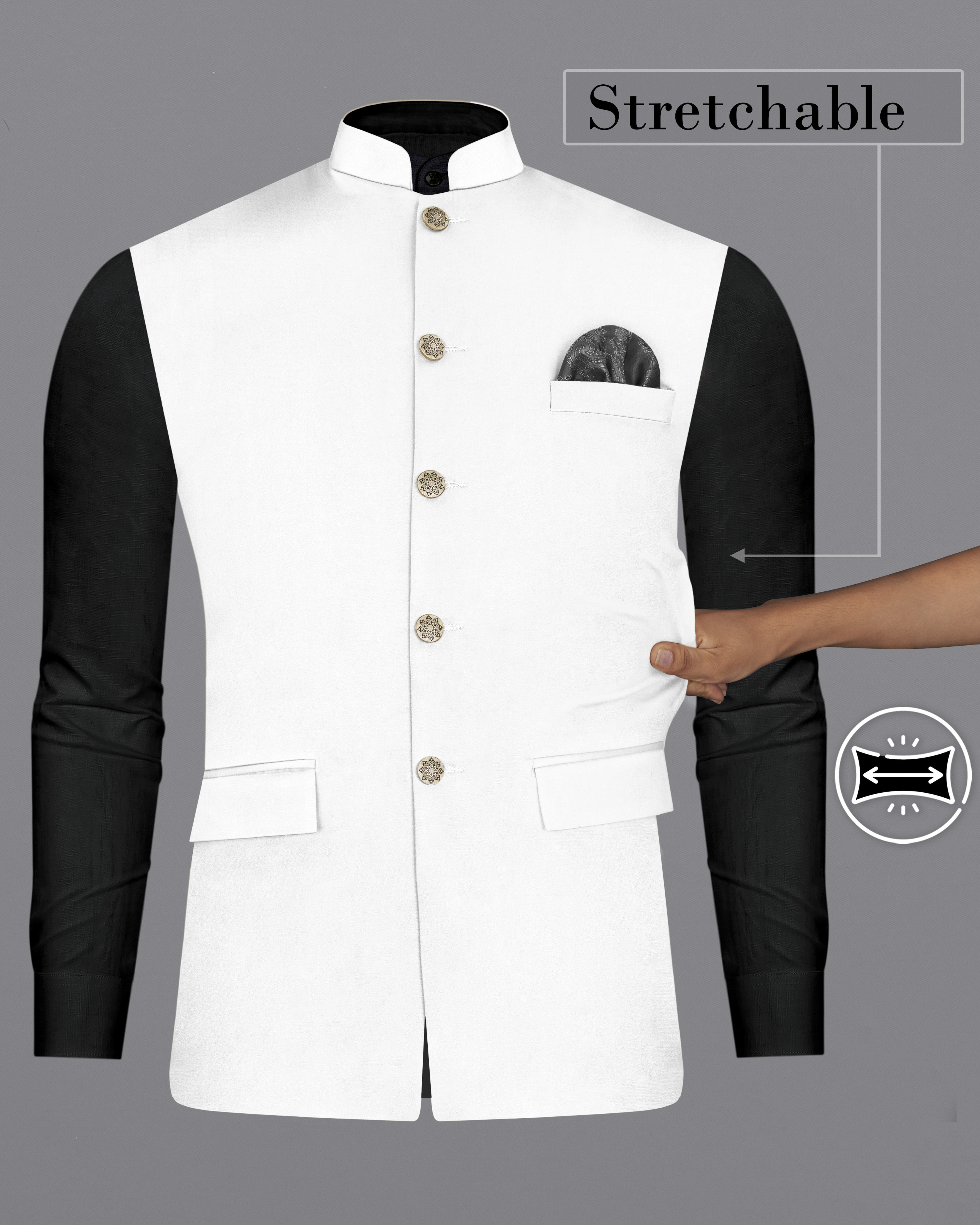 Bright White Solid Stretchable Premium Cotton Traveler Nehru Jacket WC46BG-36, WC46BG-38, WC46BG-40, WC46BG-42, WC46BG-44, WC46BG-46, WC46BG-48, WC46BG-50, WC46BG-52, WC46BG-54, WC46BG-56, WC46BG-58, WC46BG-60