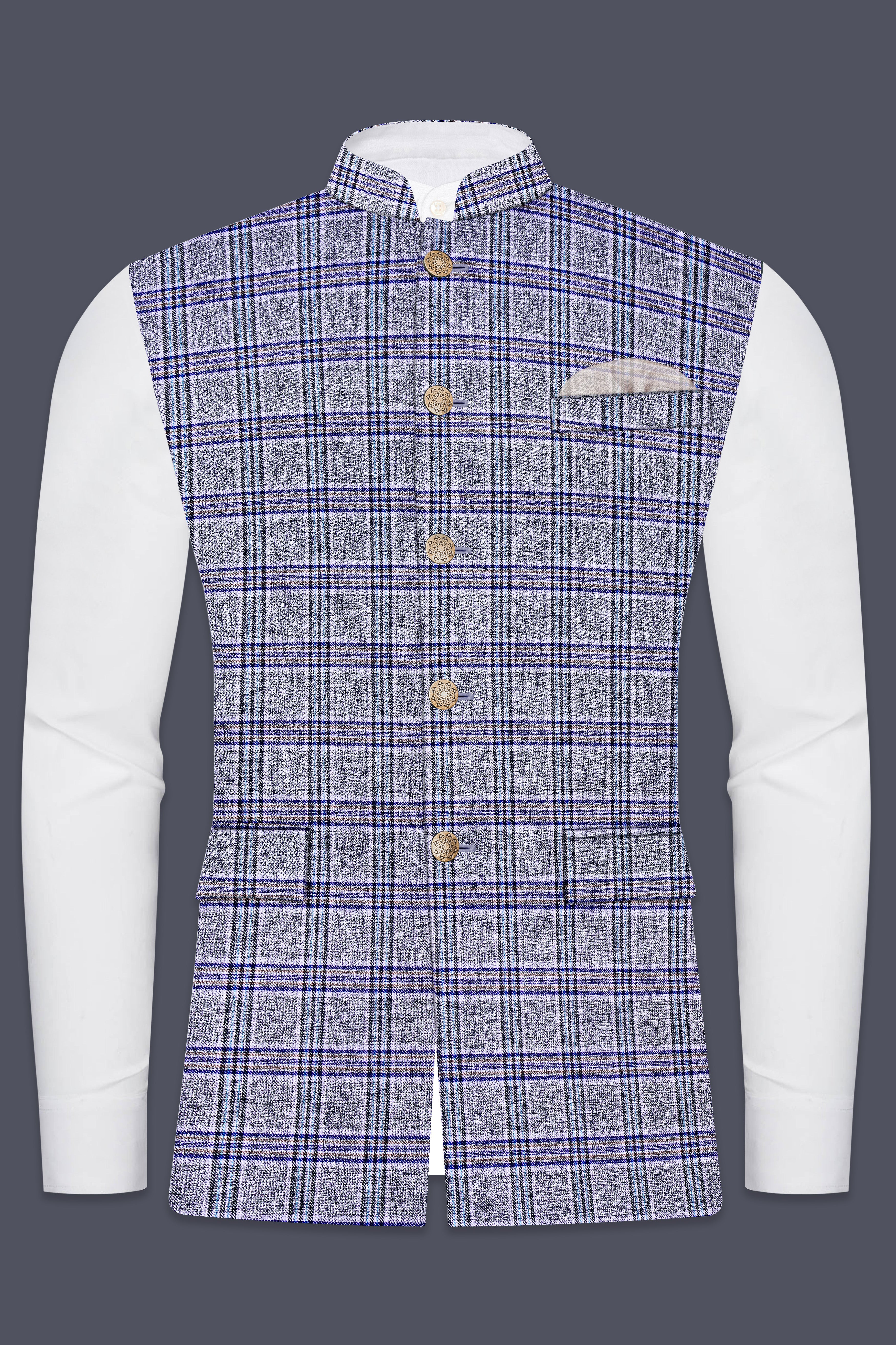 StarDust Gray with Martinique Blue Plaid Bandhgala Nehru Jacket