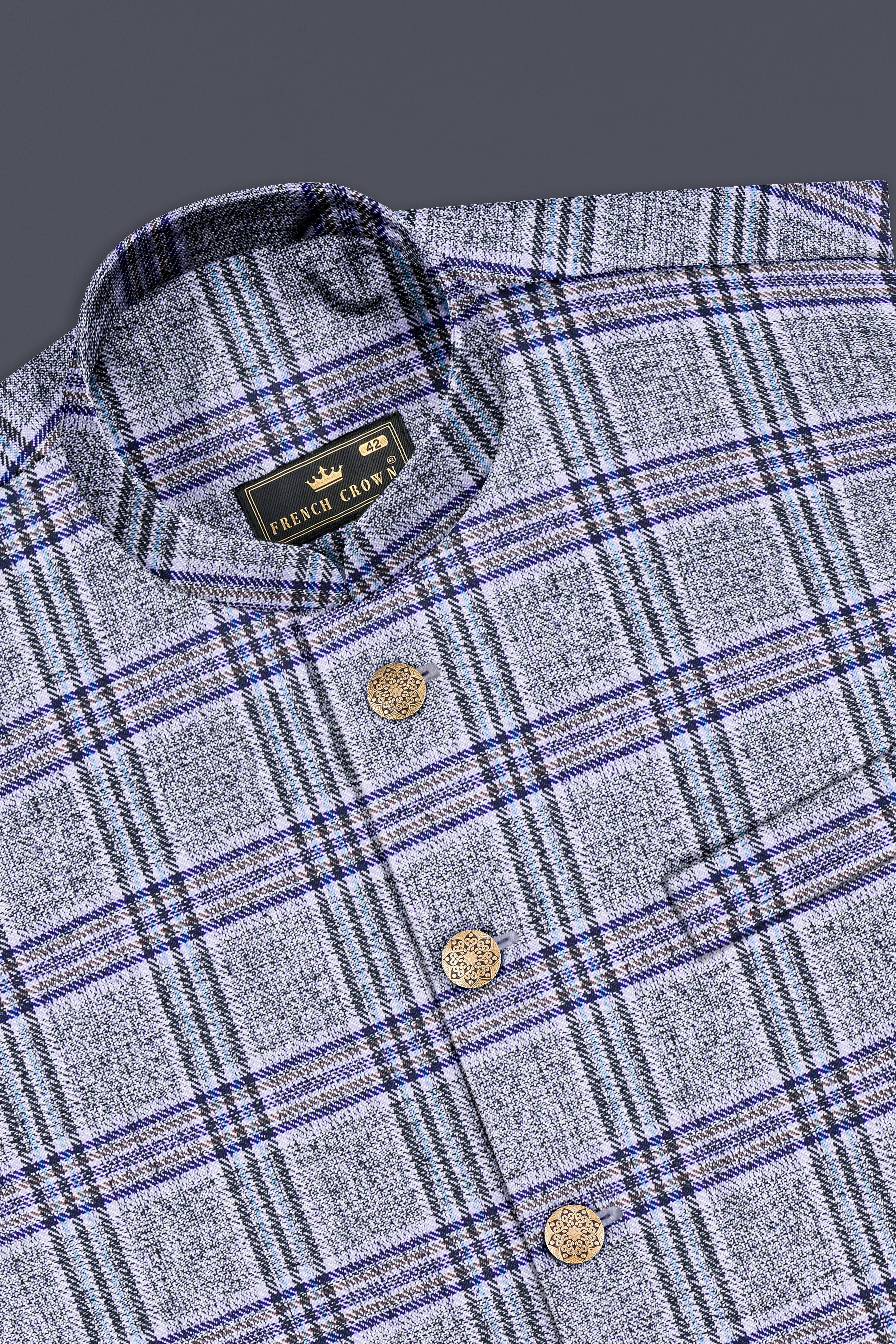 StarDust Gray with Martinique Blue Plaid Bandhgala Nehru Jacket