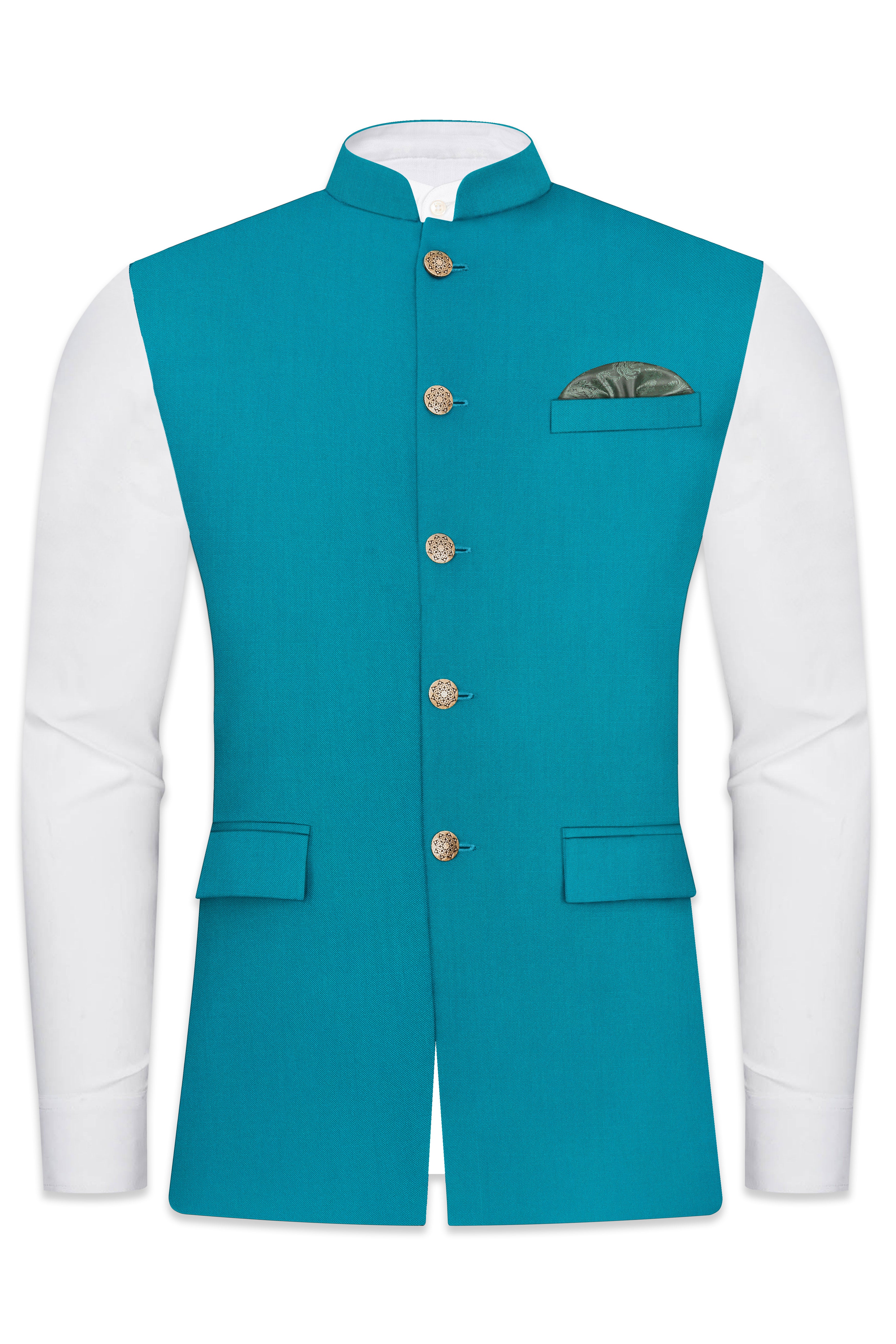 Zephir-Surfie Green Wool Rich Stretchable Nehru Jacket
